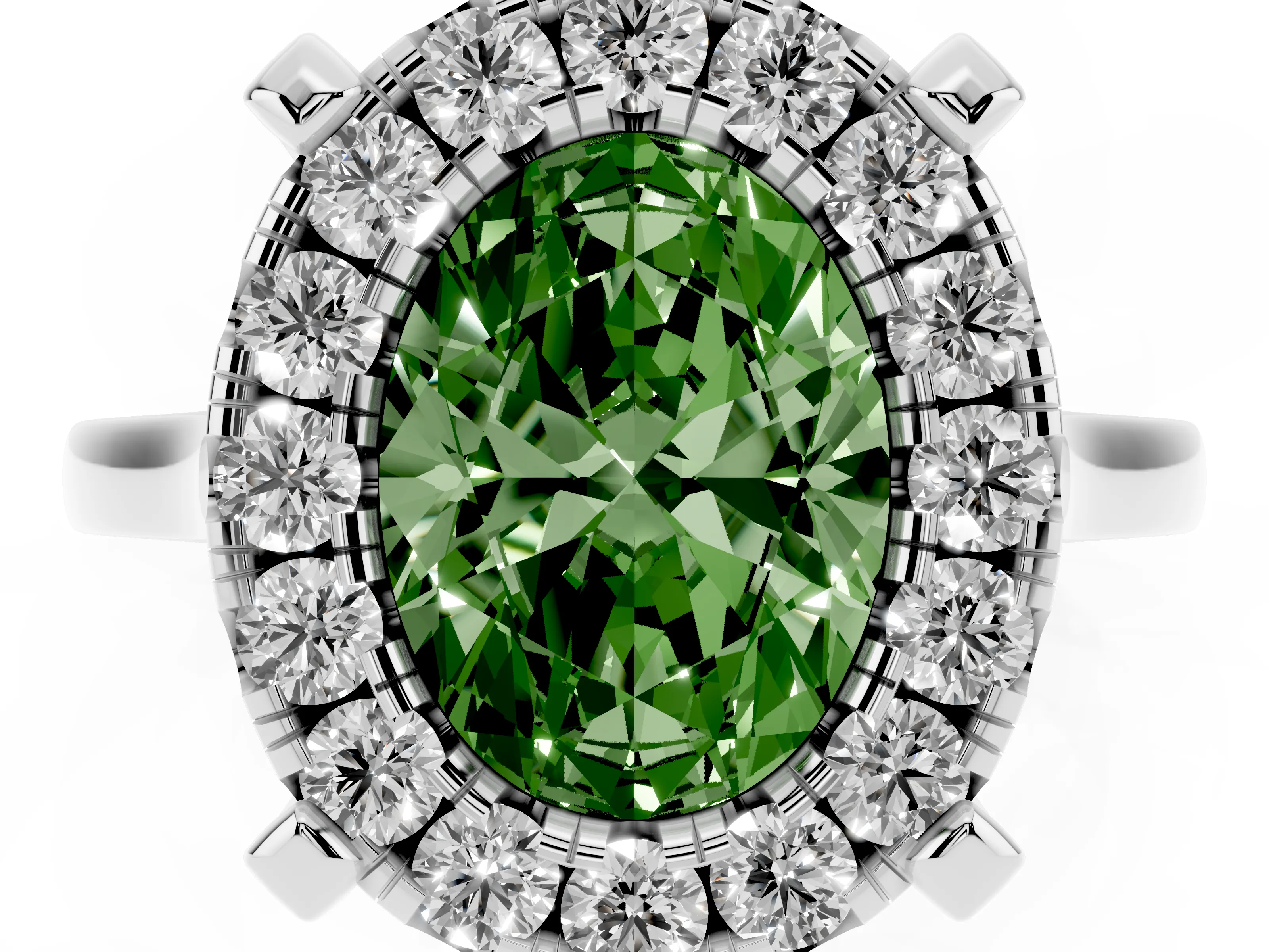Fancy Green Oval Cut Diamond Cluster Halo Solitaire Ring Set in White gold with Prong Setting