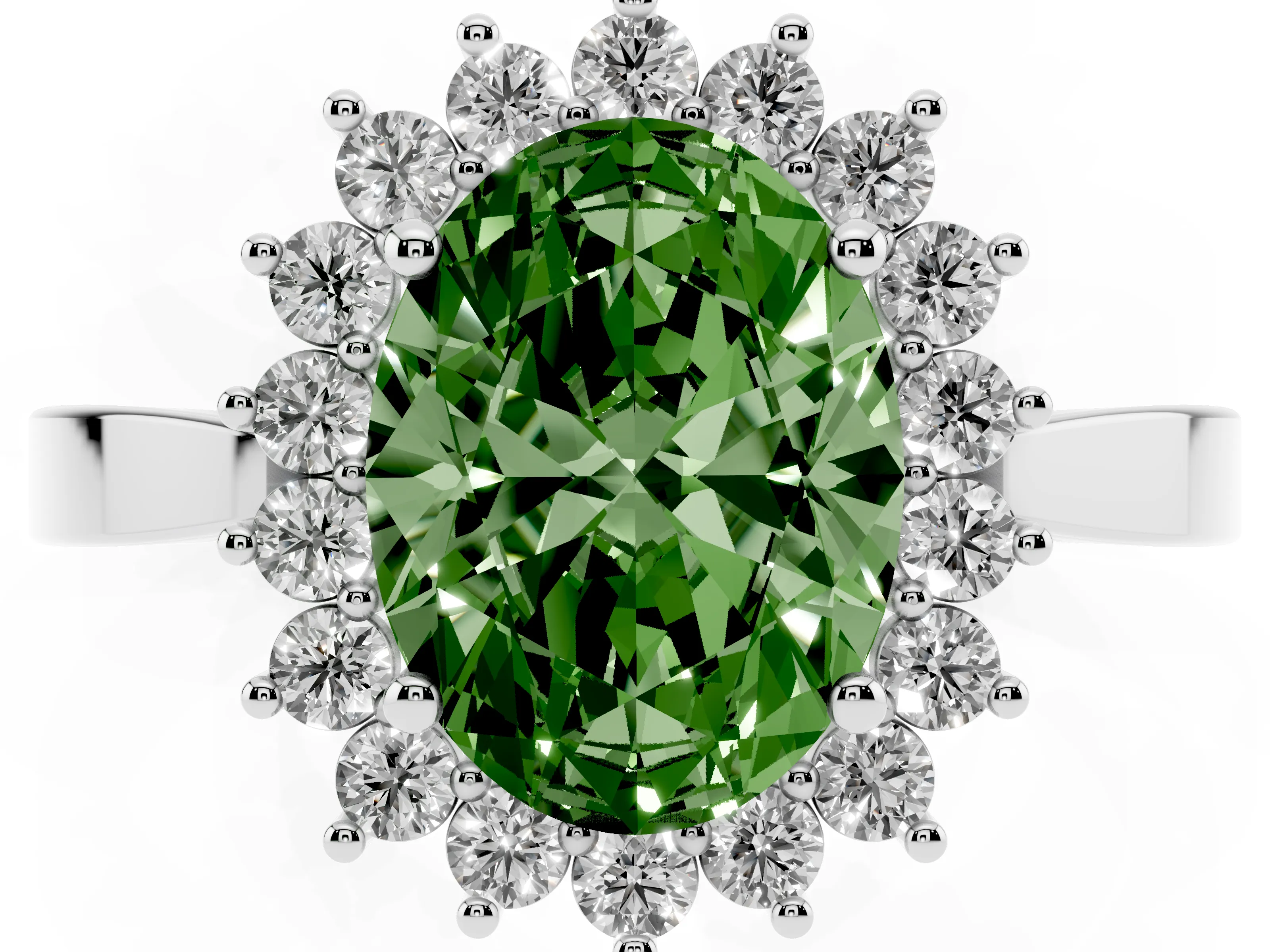 Fancy Green Oval Cut Diamond Halo Ring Set in White gold with Round Halo and Smooth Solitaire Band