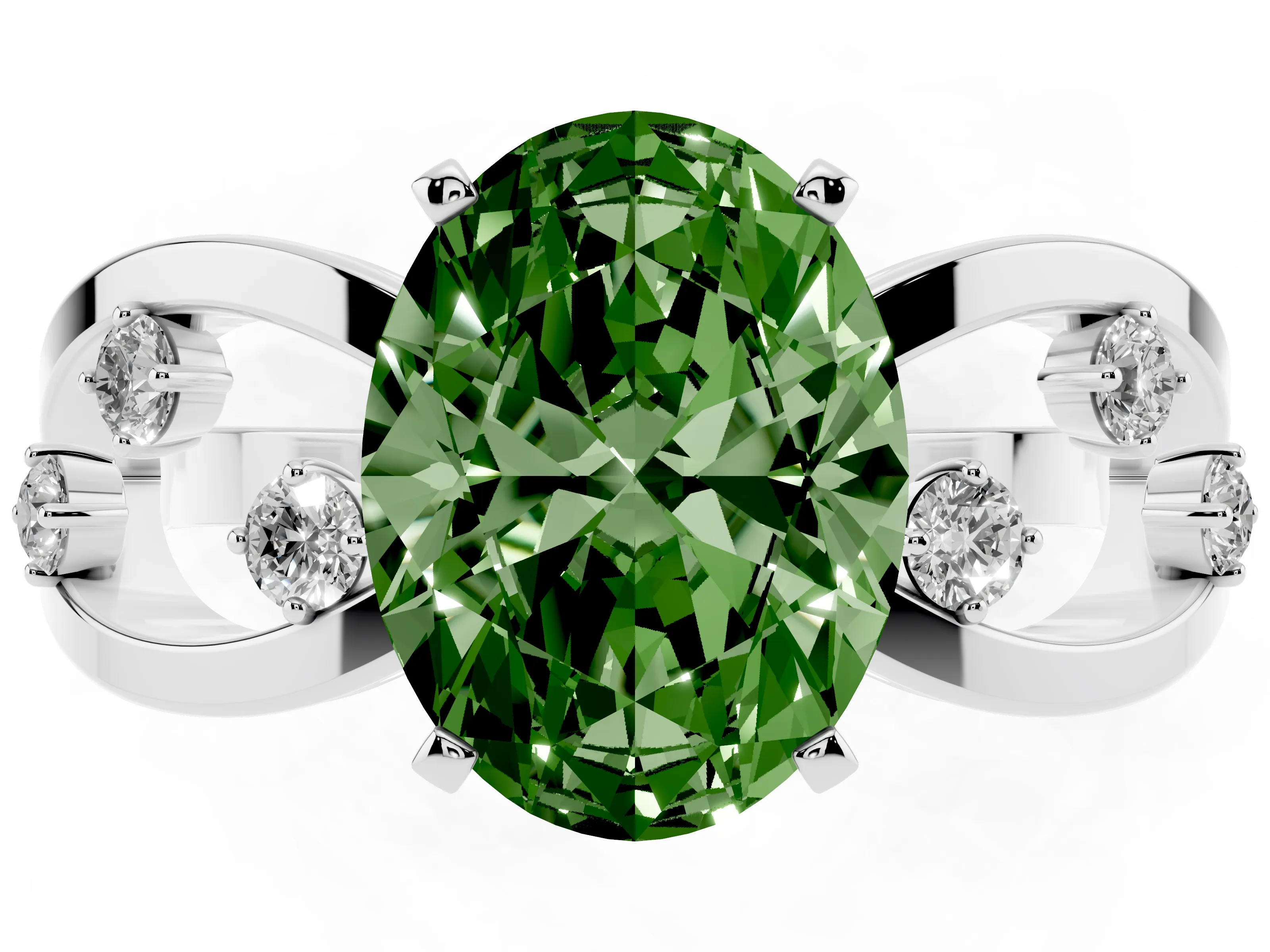 Fancy Green Oval Cut Diamond Solitaire Ring Set in Silver with Side Stones on Criss-Cross Band and Prong Setting