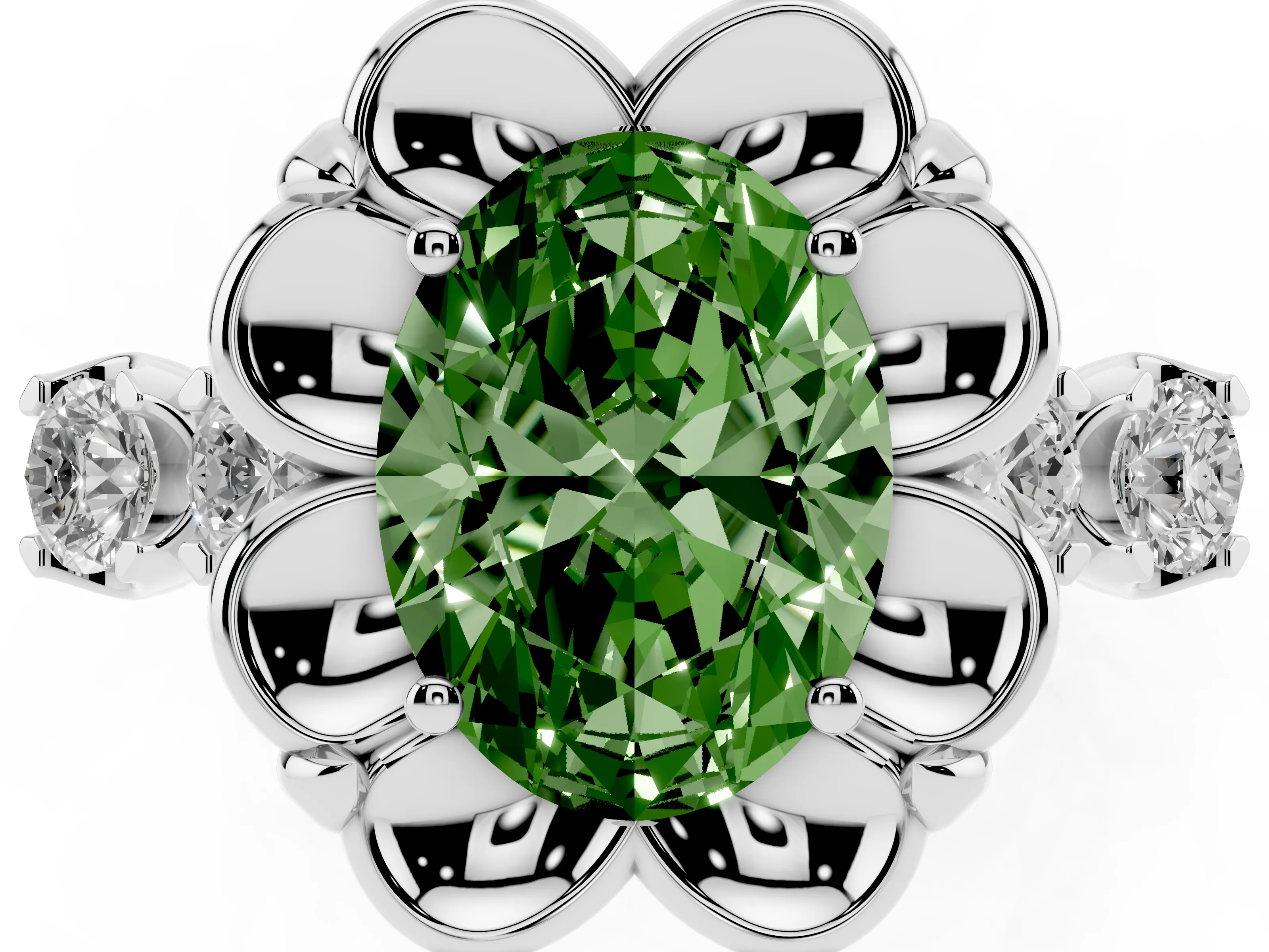 Fancy Green Oval Cut Diamond Floral Halo Ring Set in Platinum with Shared Prong Band