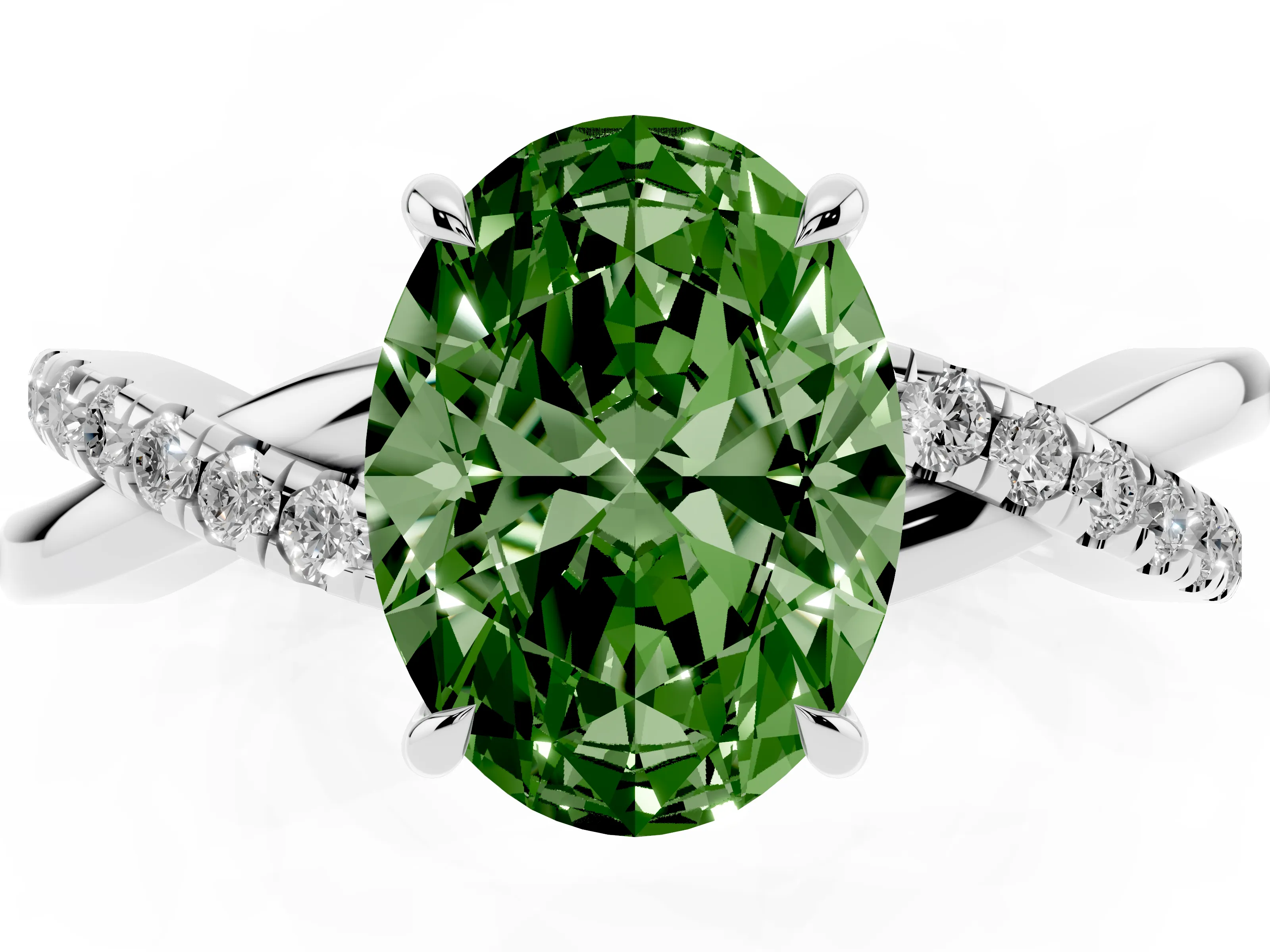 Fancy Green Oval Cut Diamond Twisted Pavé Band Ring Set in Silver with Prong Setting