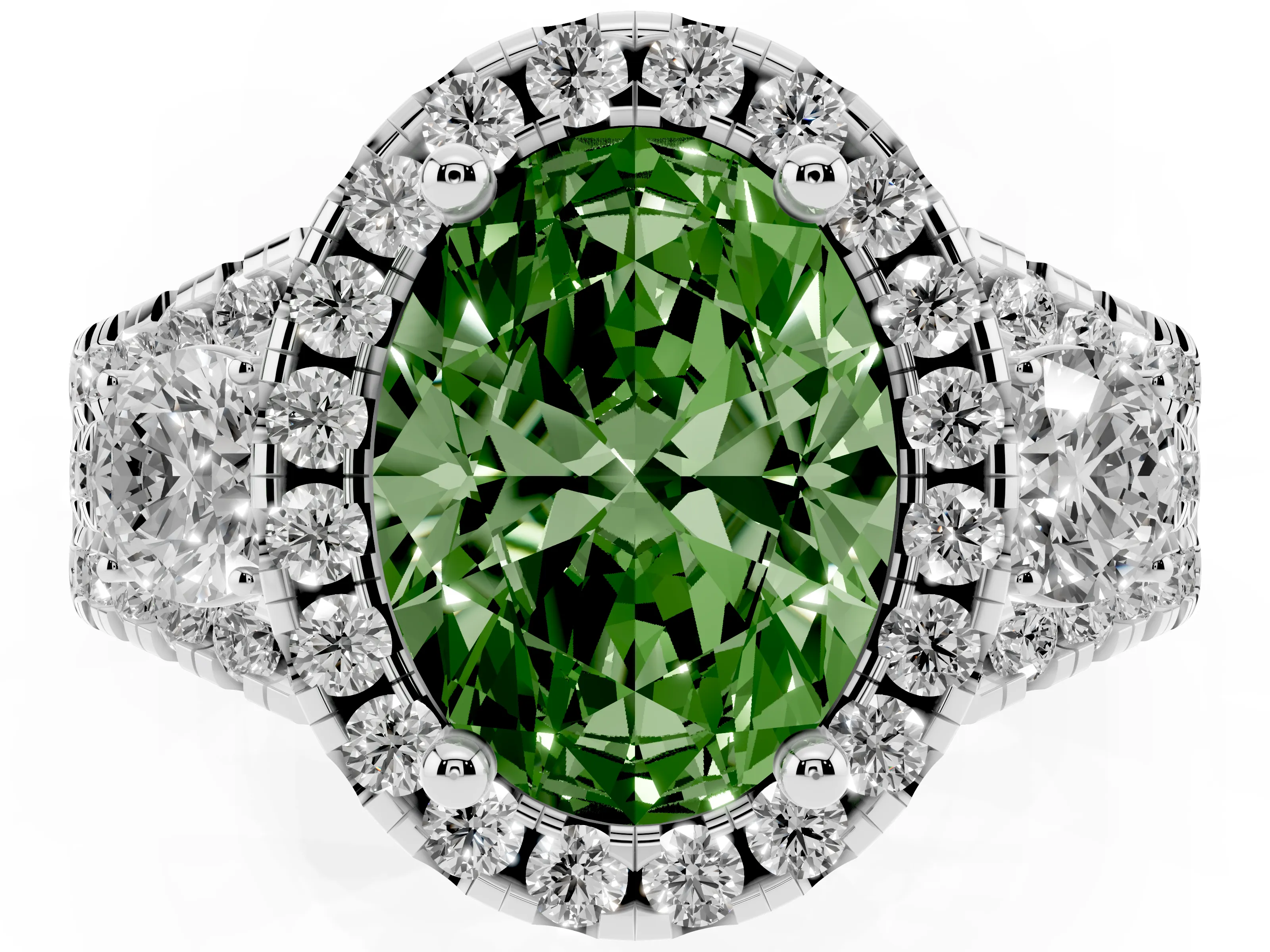 Fancy Green Oval Cut Diamond Halo Split Shank Ring Set in White gold with Round Accent Stones and Prong Setting