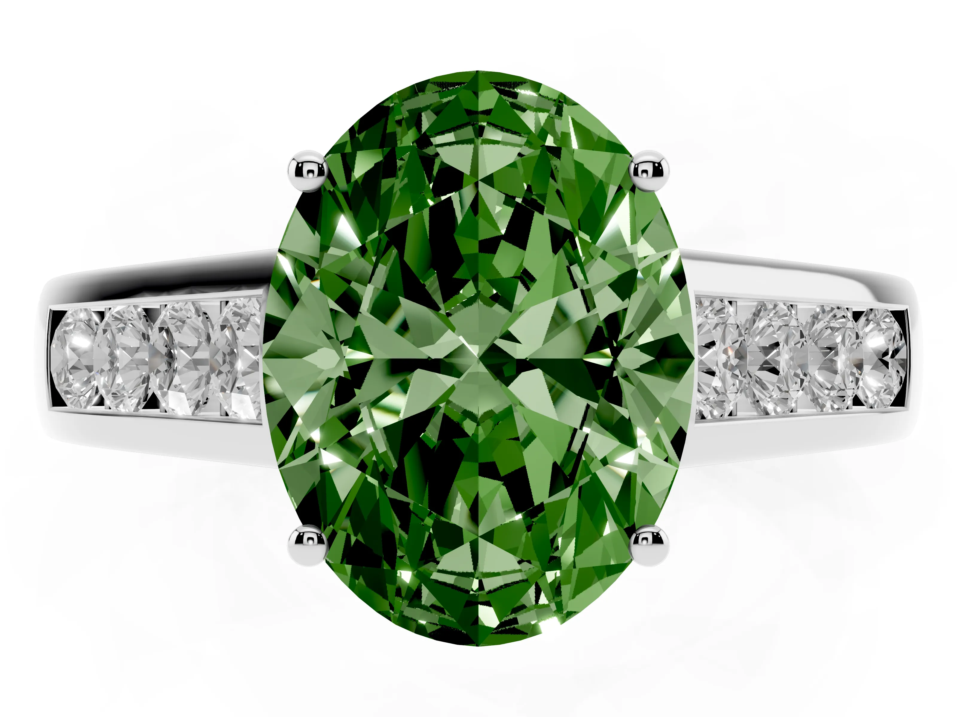 Fancy Green Oval Cut Diamond Solitaire Channel-Set Engagement Ring Set in Silver with Prong Setting