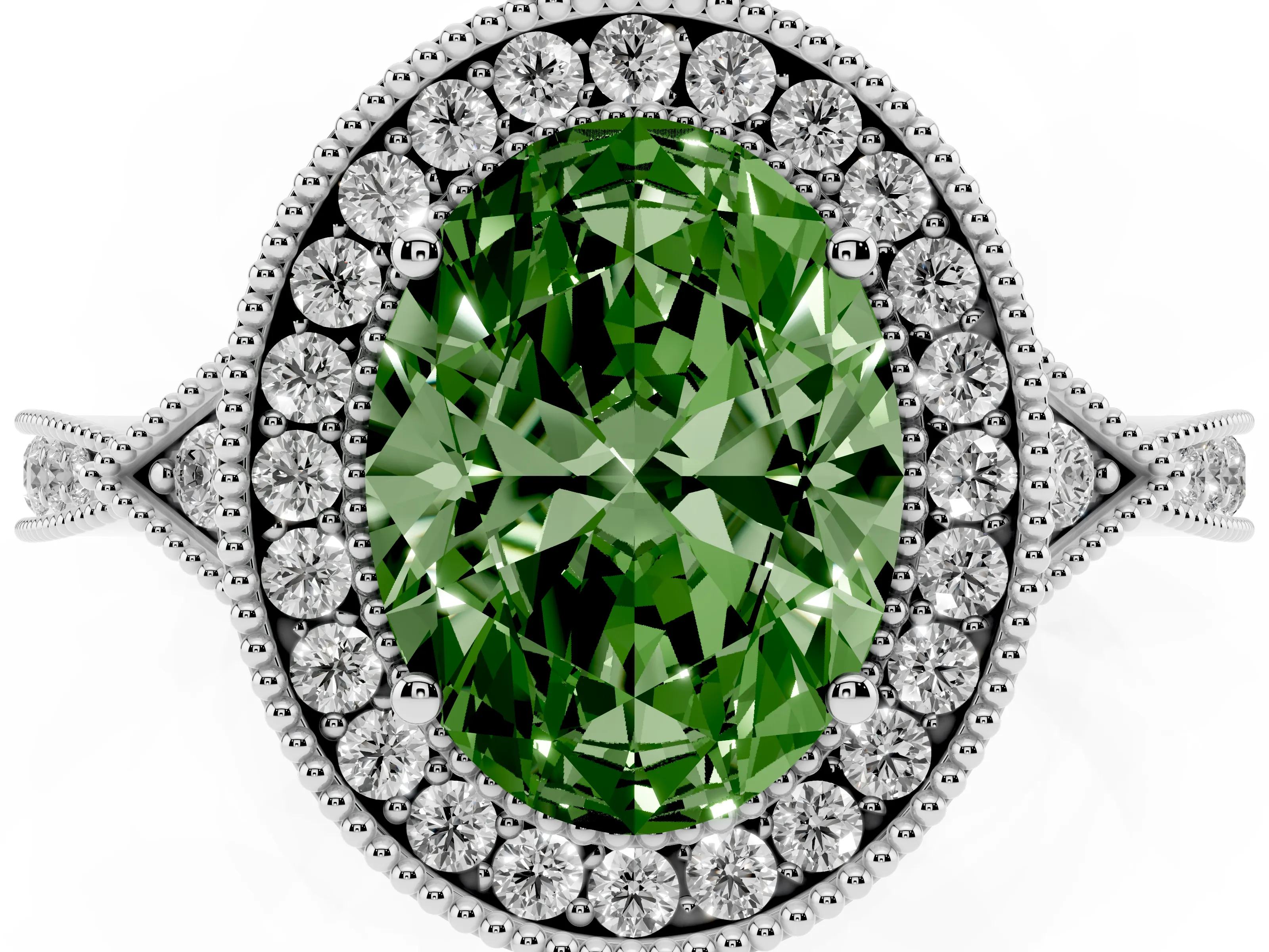 Fancy Green Oval Cut Diamond Halo Engagement Ring Set in Silver with Milgrain Pavé Band