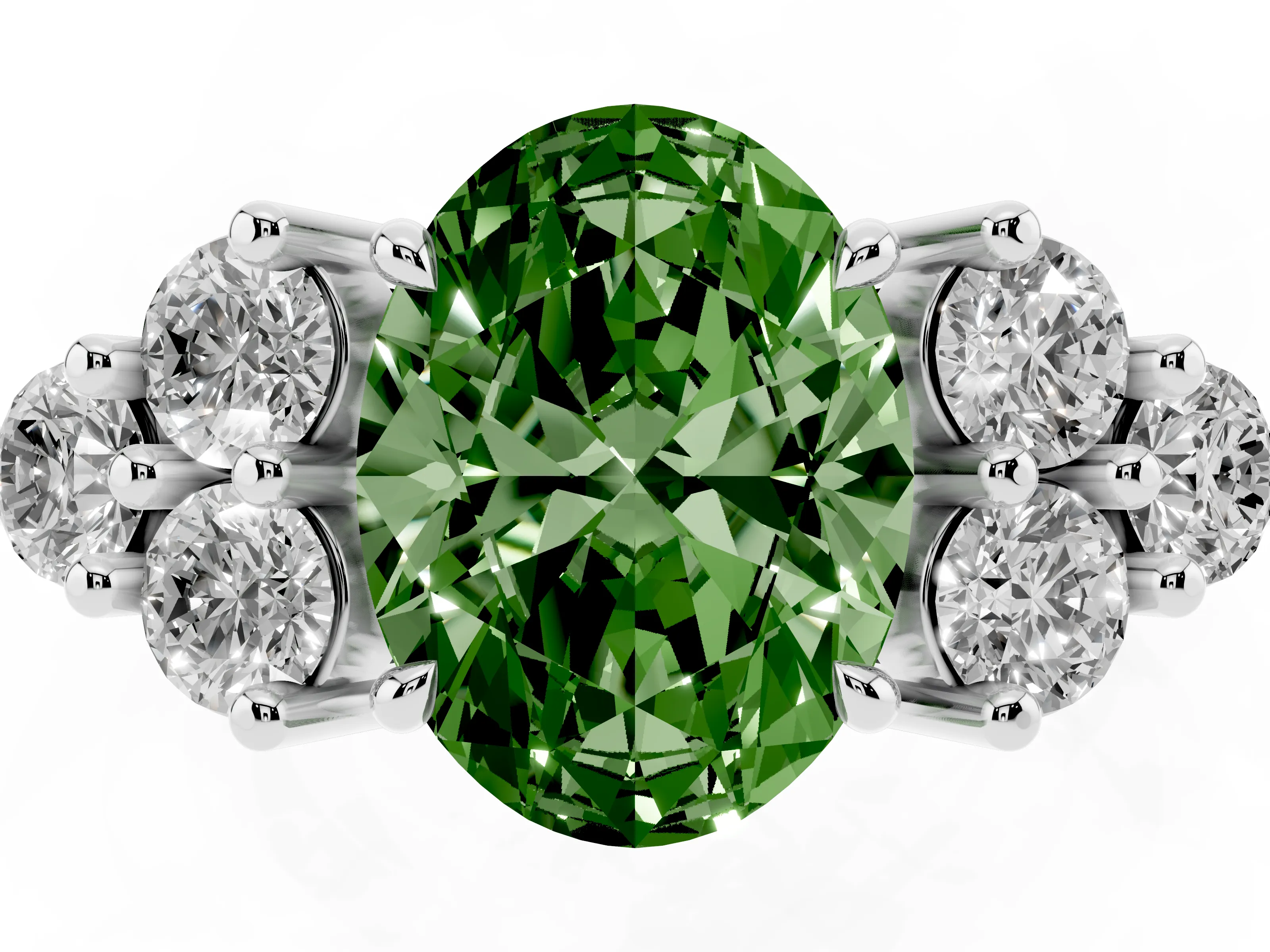 Fancy Green Oval Cut Diamond Solitaire Ring Set in Silver with Cluster Accents on Each Side
