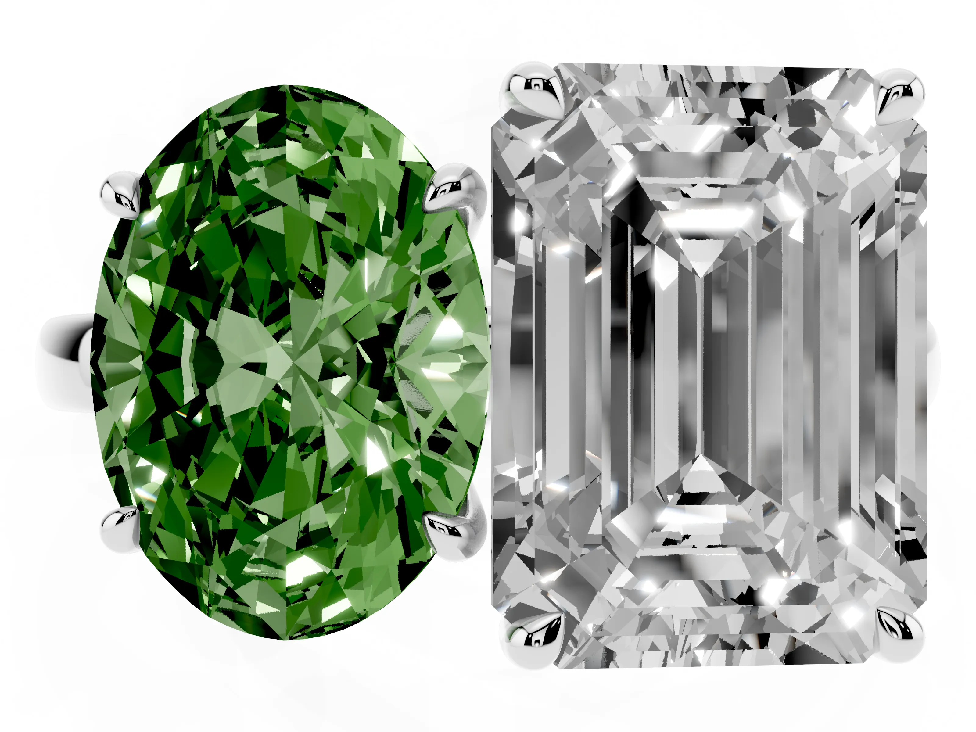 Fancy Green Oval Cut and Emerald Cut Toi Moi Ring Set in White gold with Prong Setting