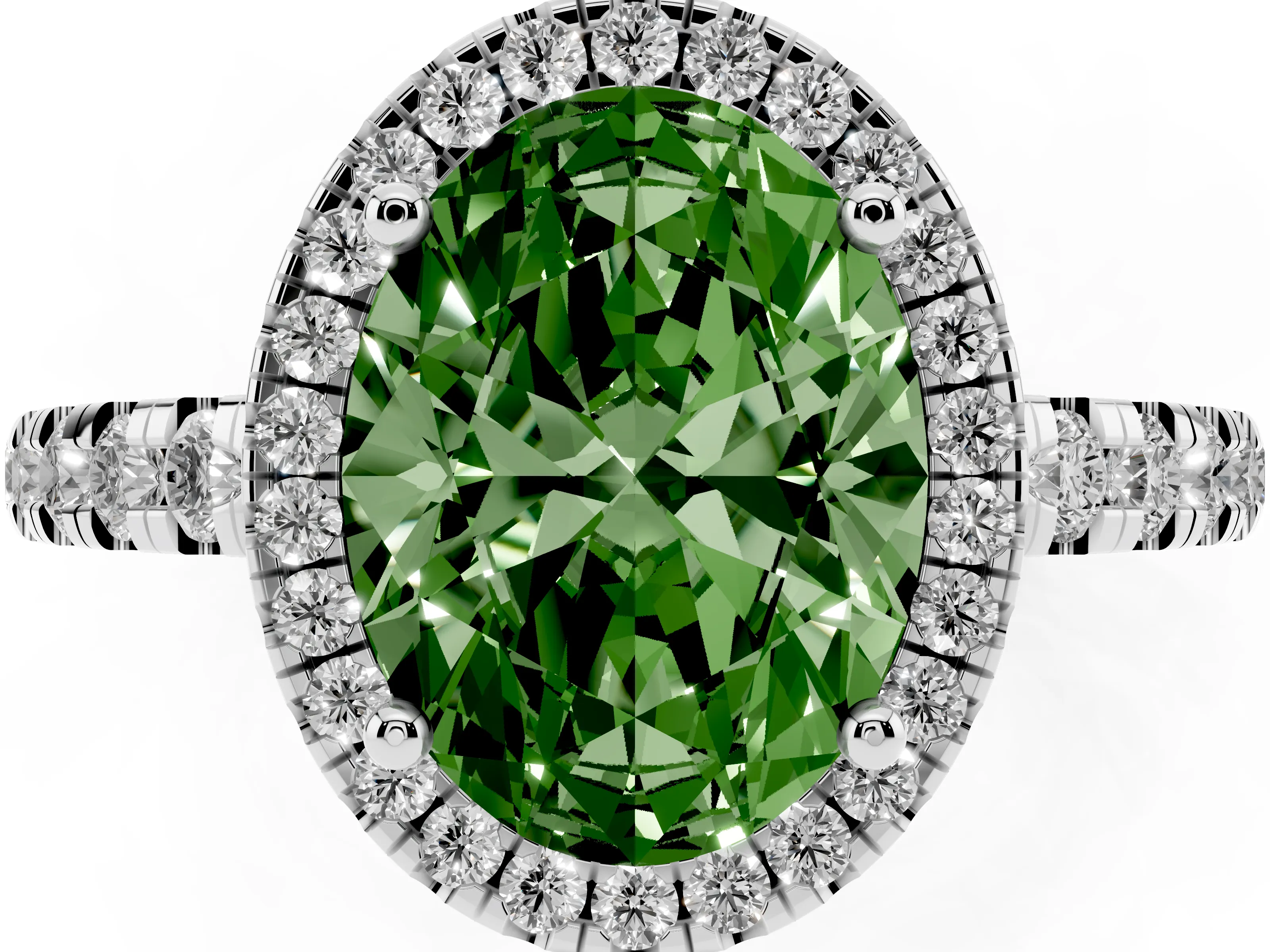 Fancy Green Oval Cut Diamond Halo Ring Set in White gold with Delicate Pavé Band and Prong Setting
