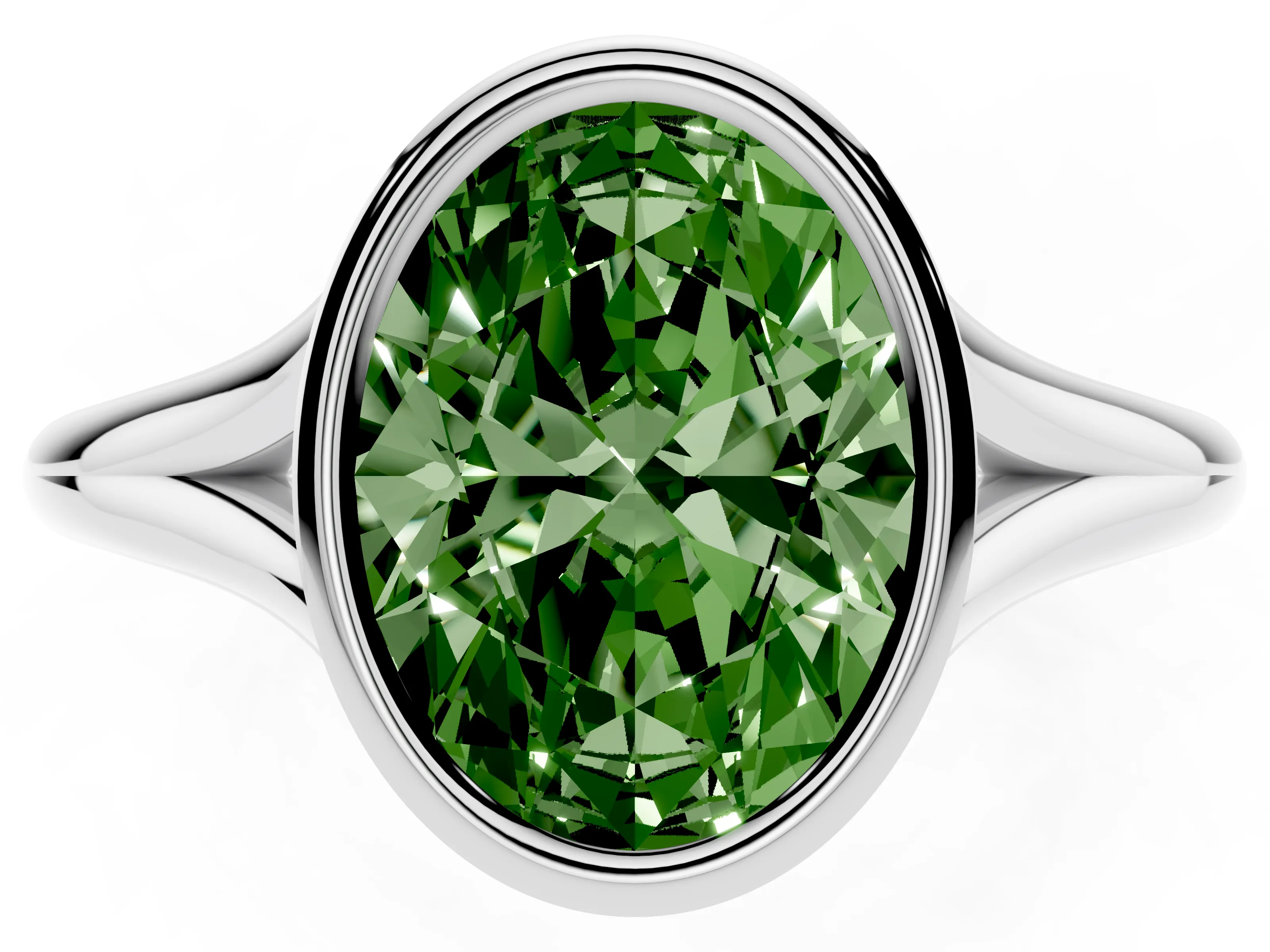 Fancy Green Bezel Set Oval Cut Diamond Solitaire Ring Set in Silver with Tapered Band