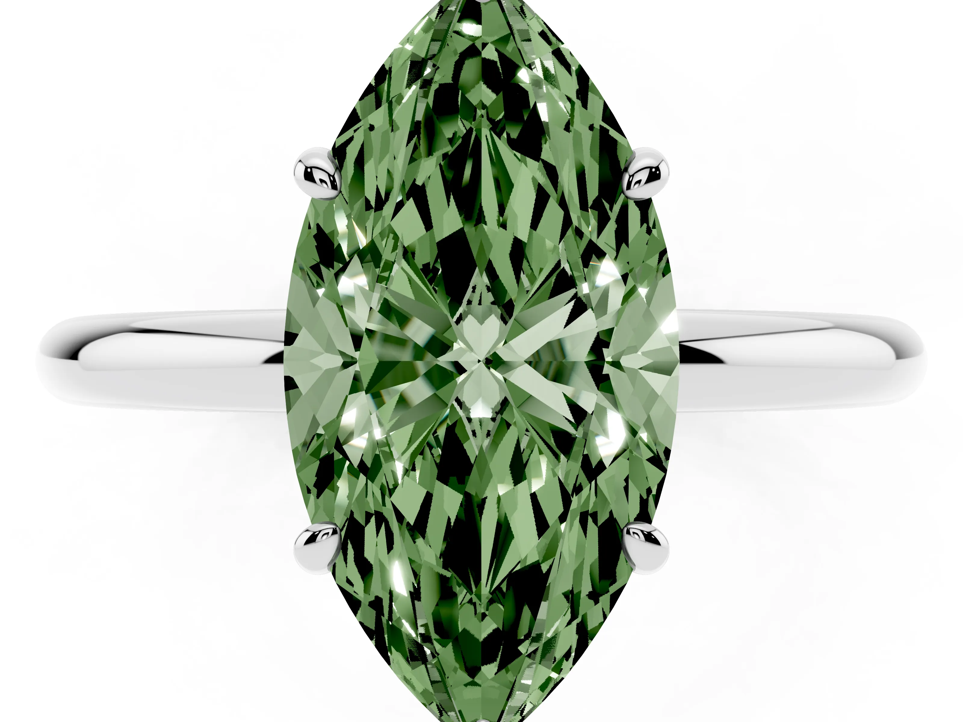 Fancy Green Oval Cut Diamond Solitaire Ring Set in White gold with Prong Setting on a Polished Plain Band