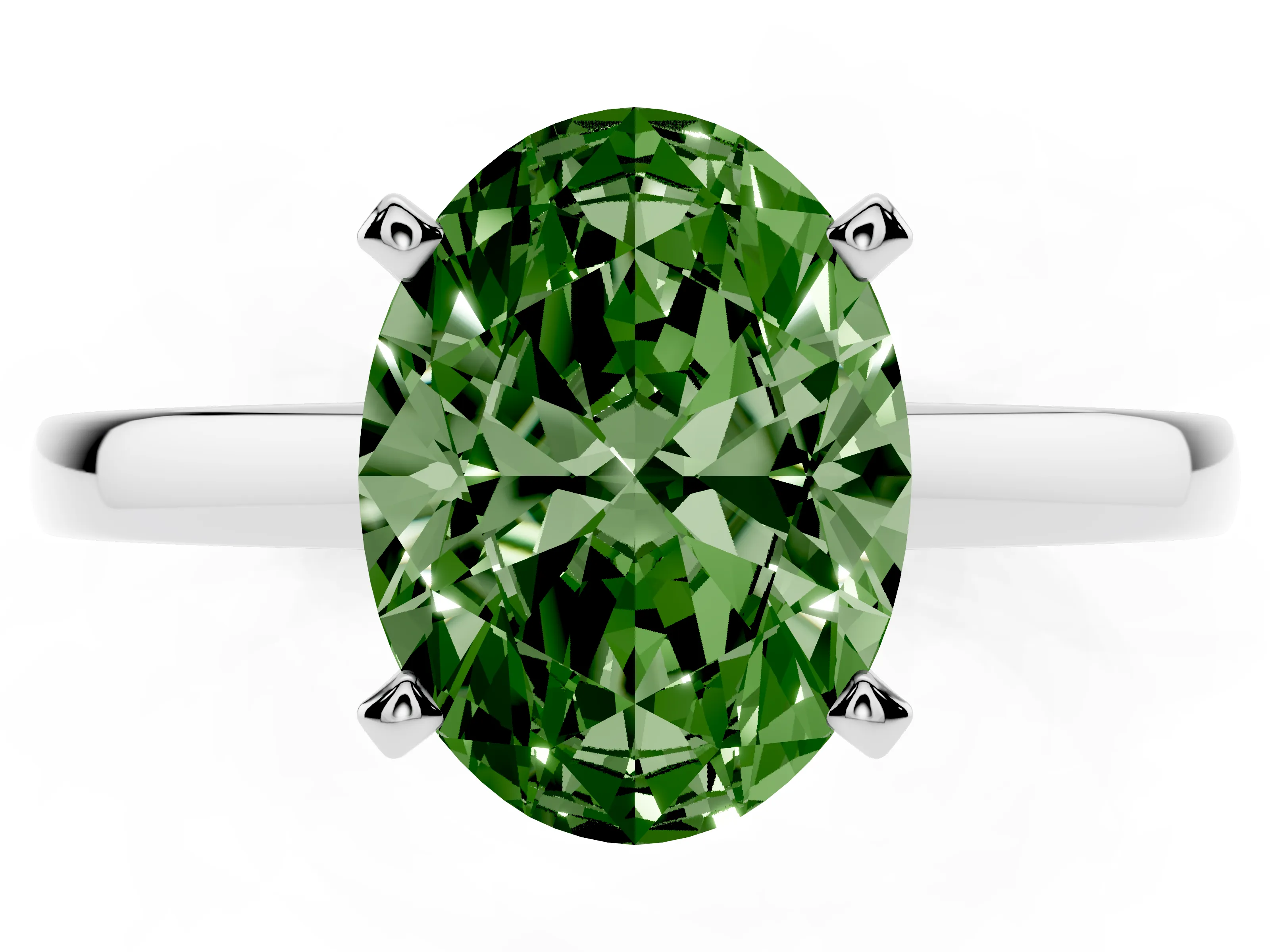 Fancy Green Oval Cut Diamond Solitaire Engagement Ring Set in Silver with Prong Setting on a Classic Band