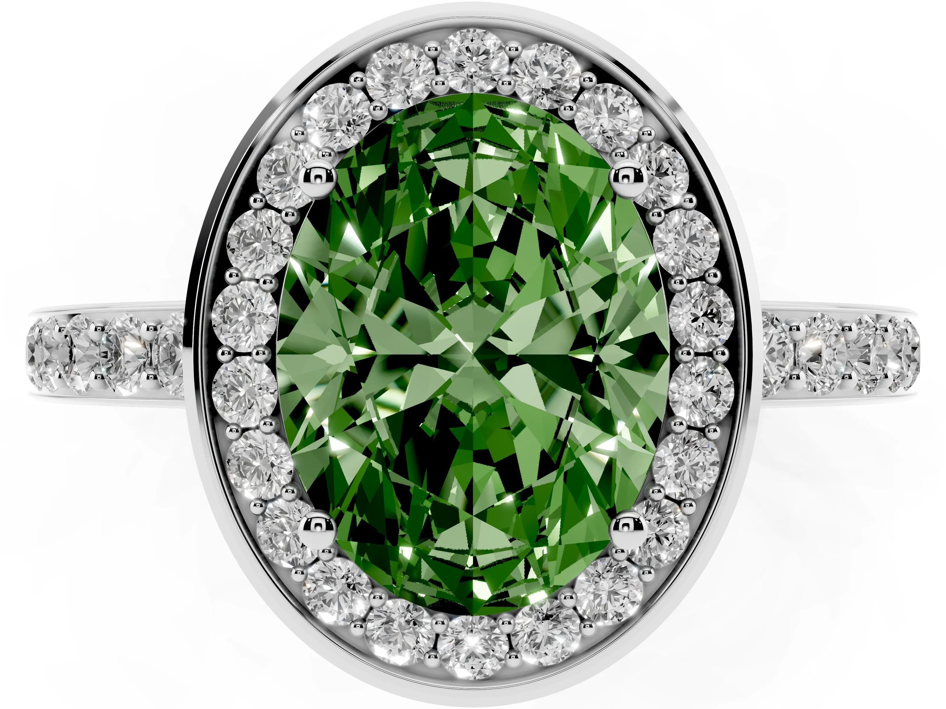 Fancy Green Oval Cut Diamond Halo Ring Set in Platinum with Bezel Frame and Pavé Band