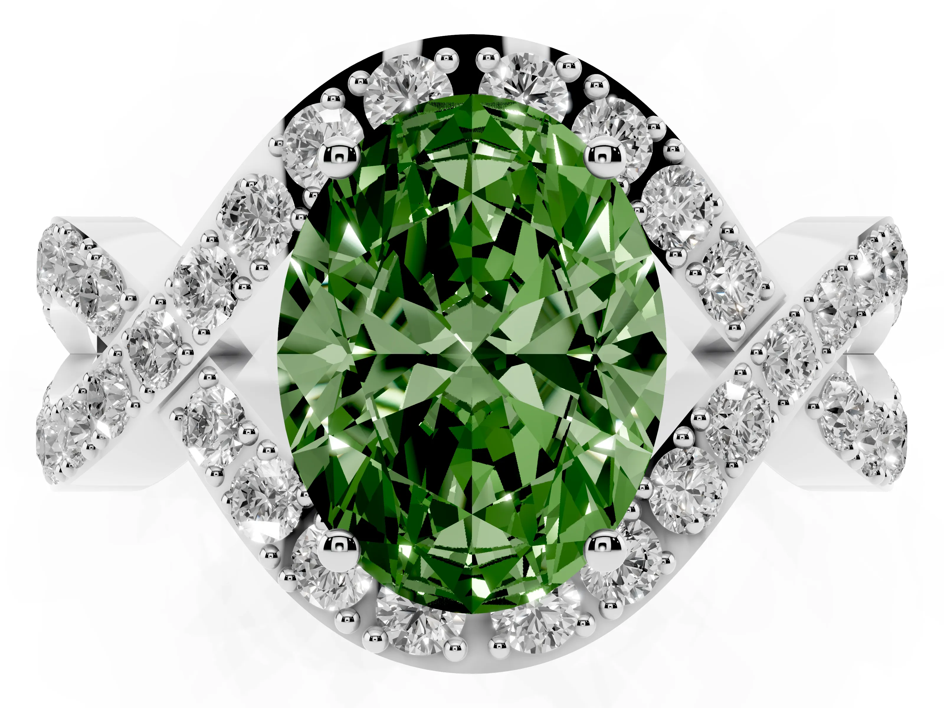 Fancy Green Oval Cut Diamond Solitaire Twist Band Pavé Engagement Ring Set in Silver
