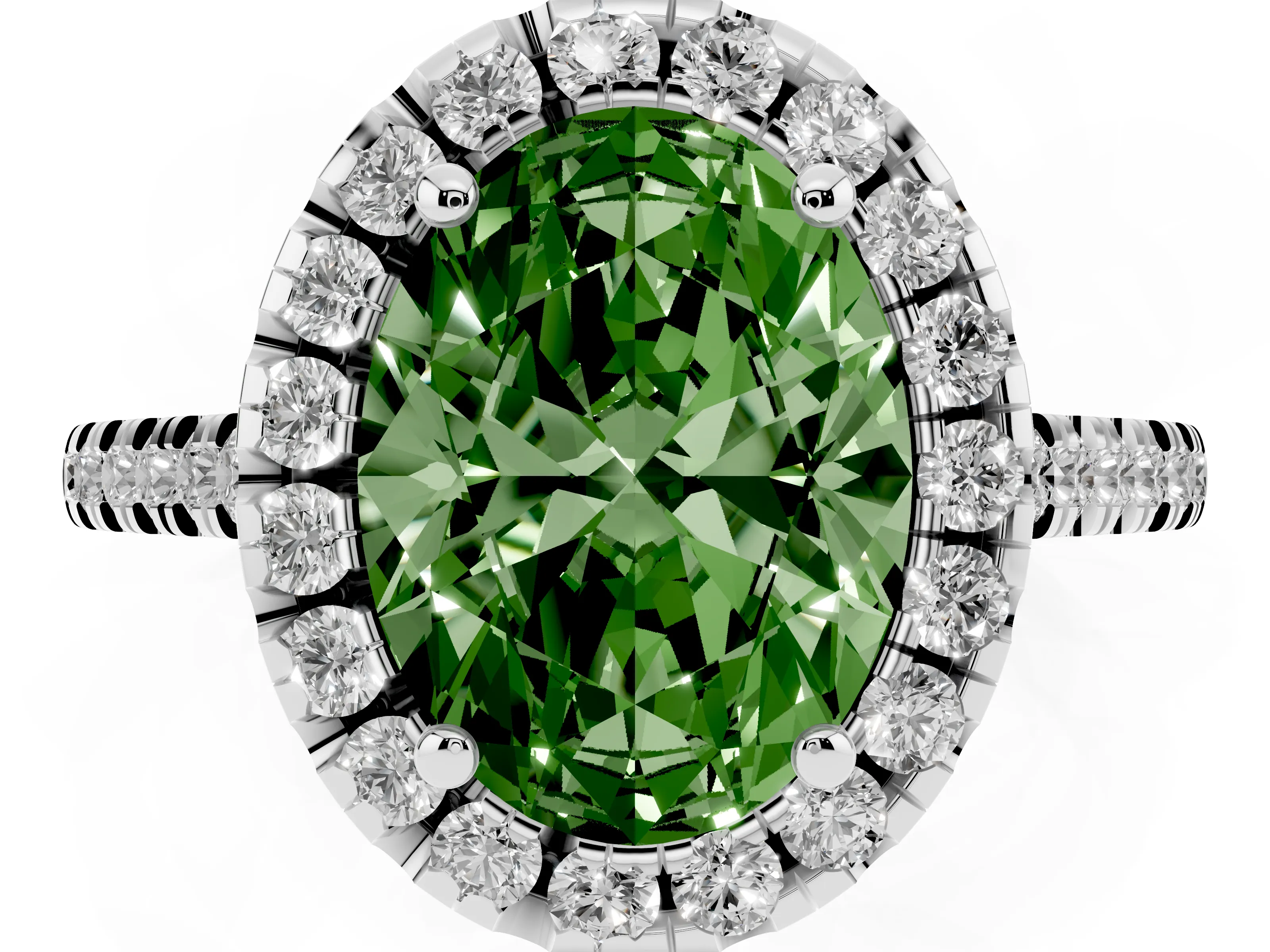 Fancy Green Oval Cut Diamond Cushion Halo Ring Set in White gold with Pavé Band