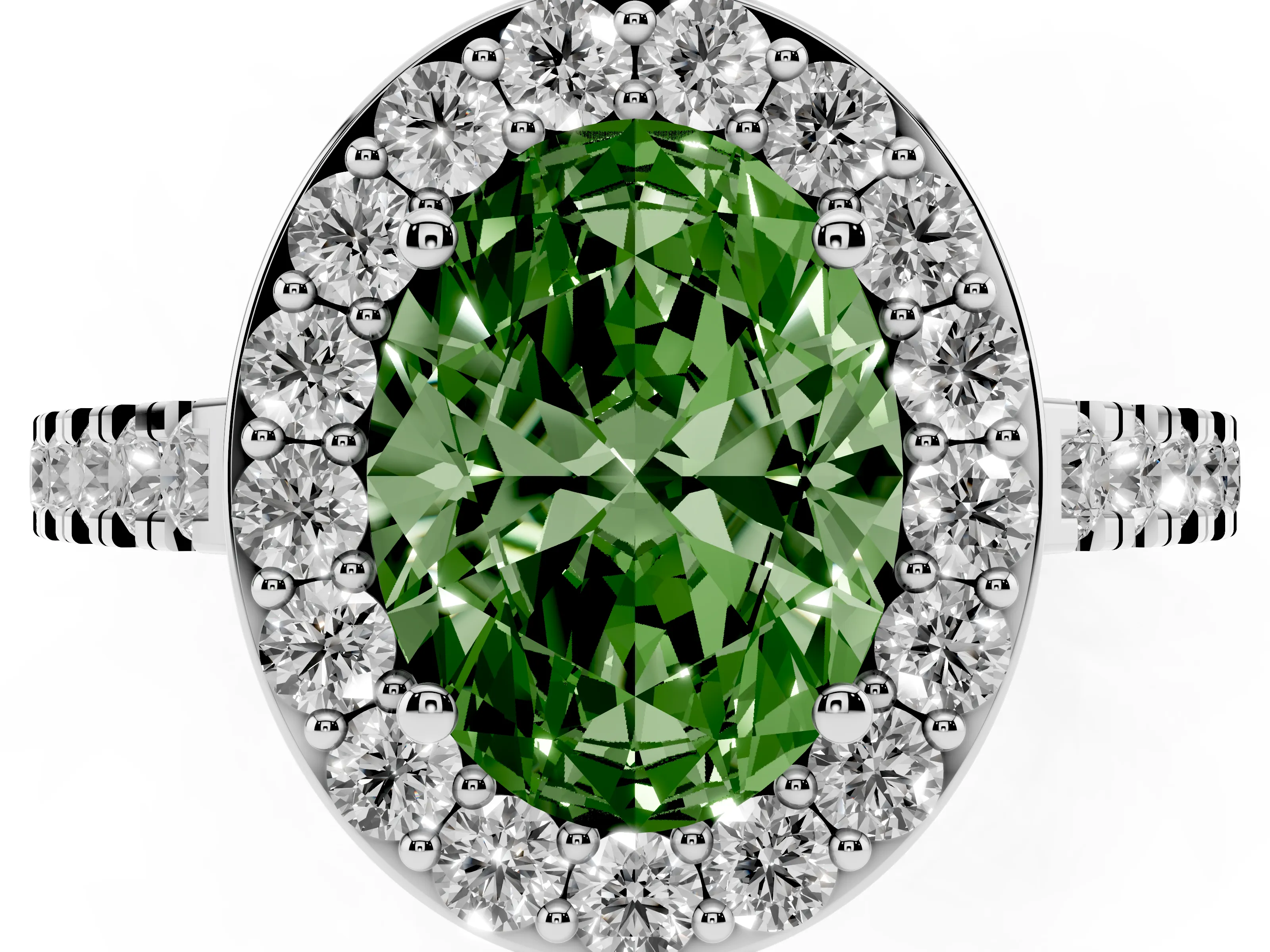 Fancy Green Oval Cut Diamond Halo Ring Set in Silver with Round Pavé Split Shank and Prong Setting