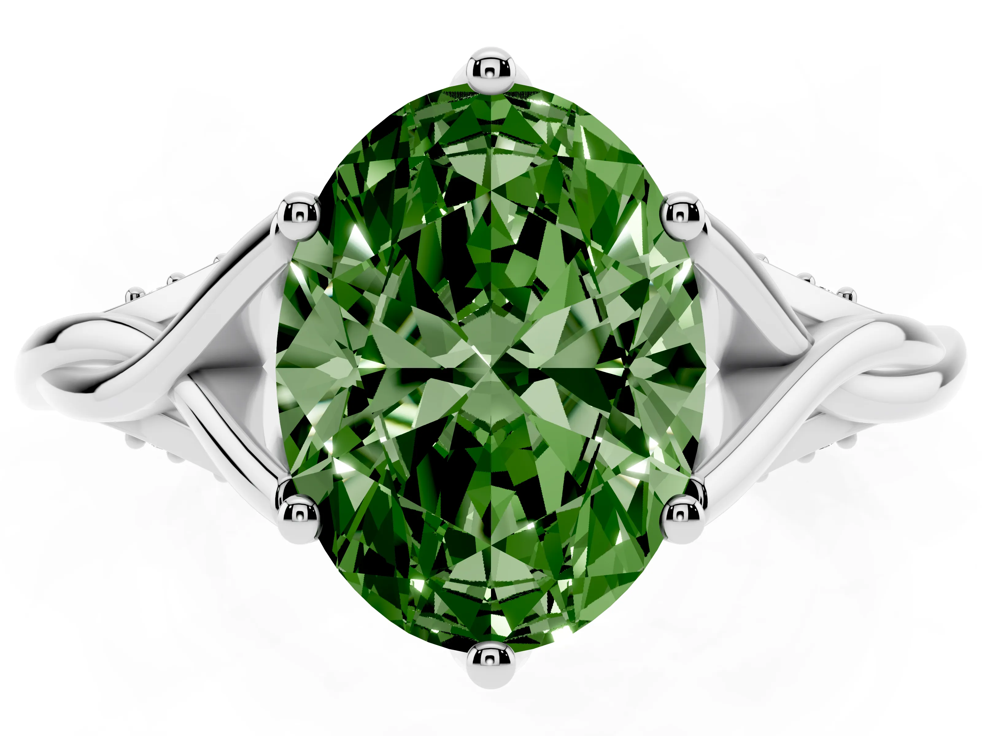 Fancy Green Oval Cut Diamond Intertwined Twist Band Solitaire Ring Set in White gold with Prong Setting