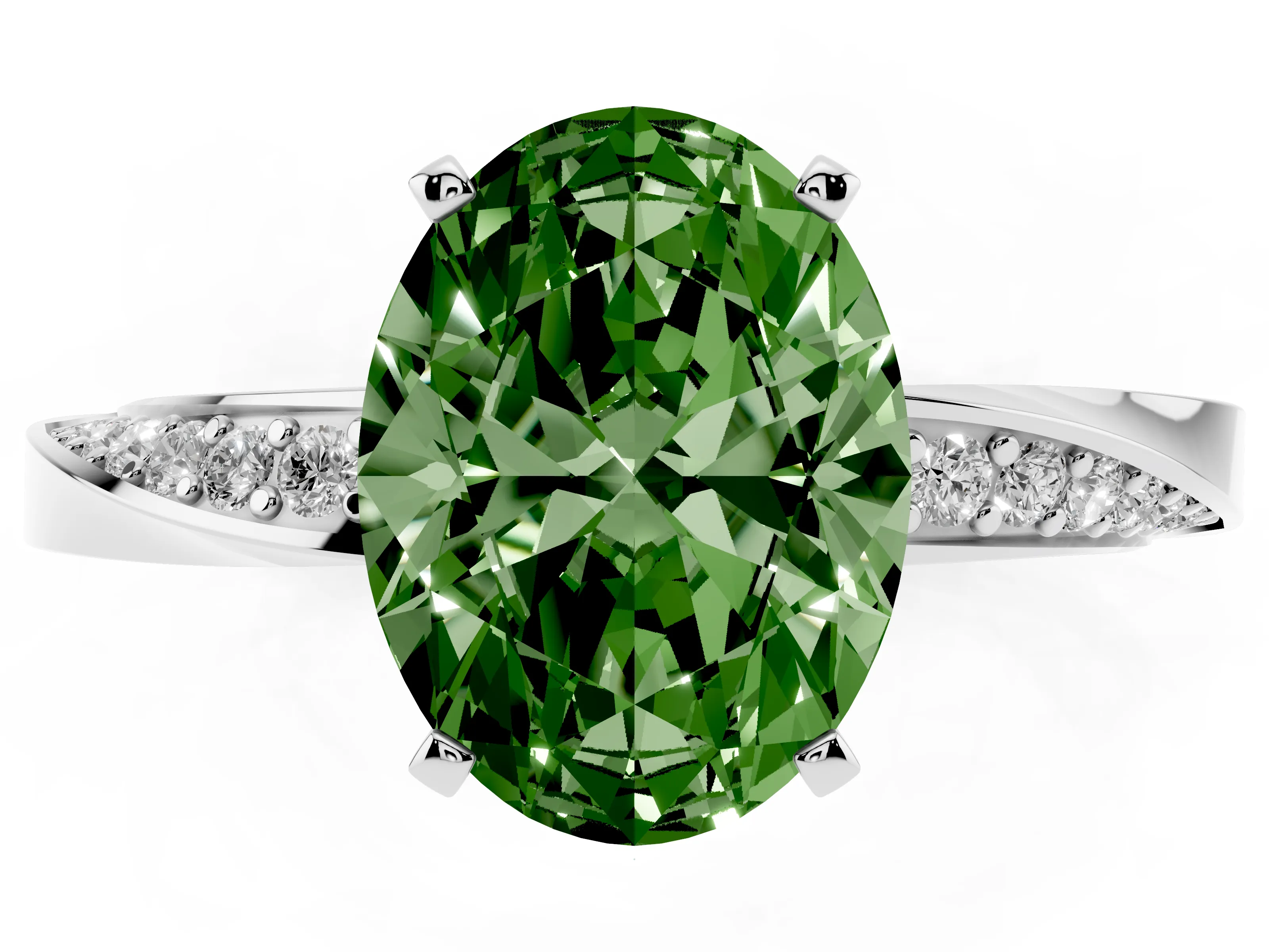 Fancy Green Oval Cut Diamond Engagement Ring Set in Silver with Side Stone Accents and Prong Setting