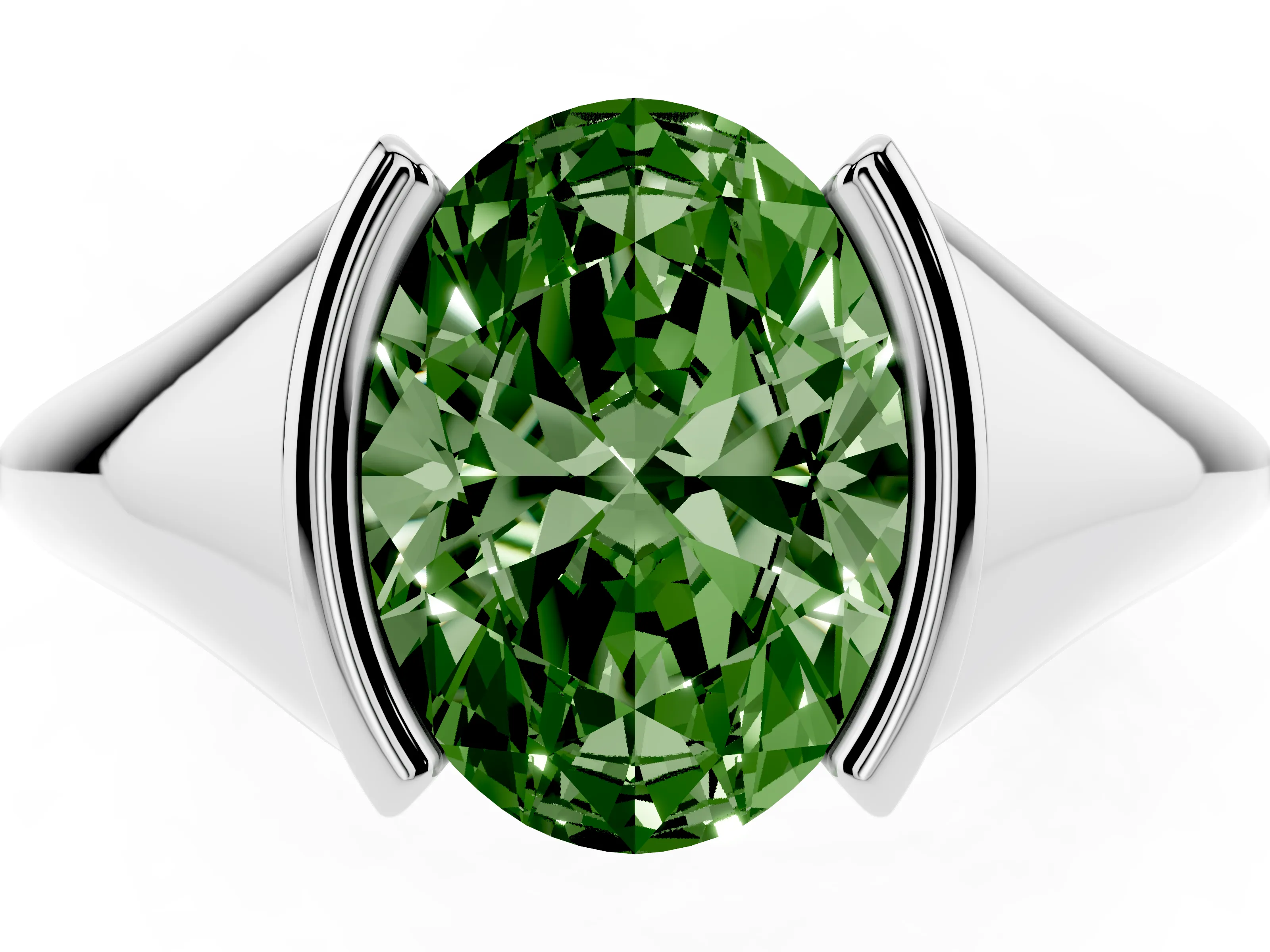 Fancy Green Oval Cut Diamond Solitaire Tension Set Ring Set in Silver