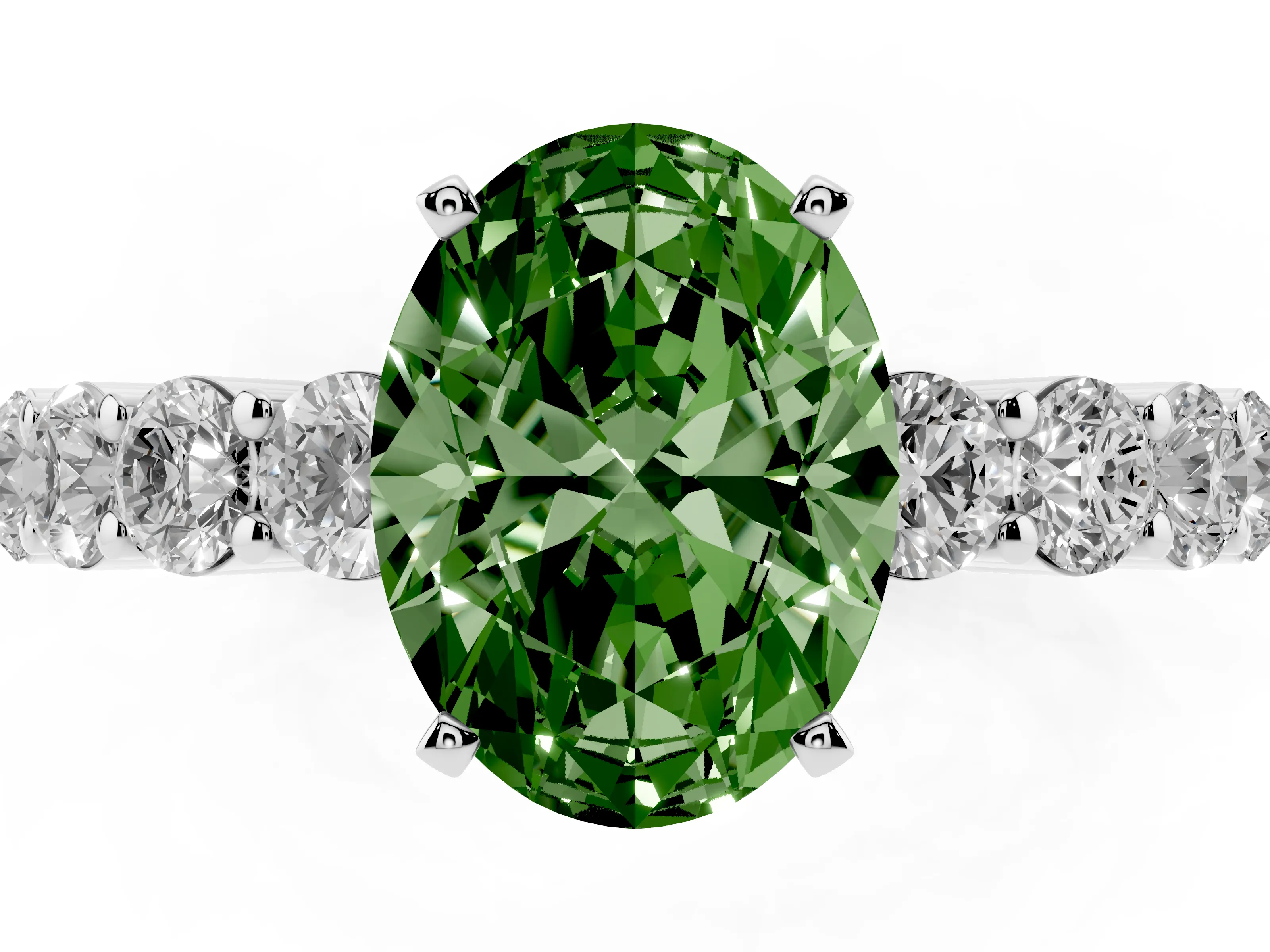 Fancy Green Oval Cut Diamond Solitaire Ring Set in Platinum with Shared Prong Round Side Stones
