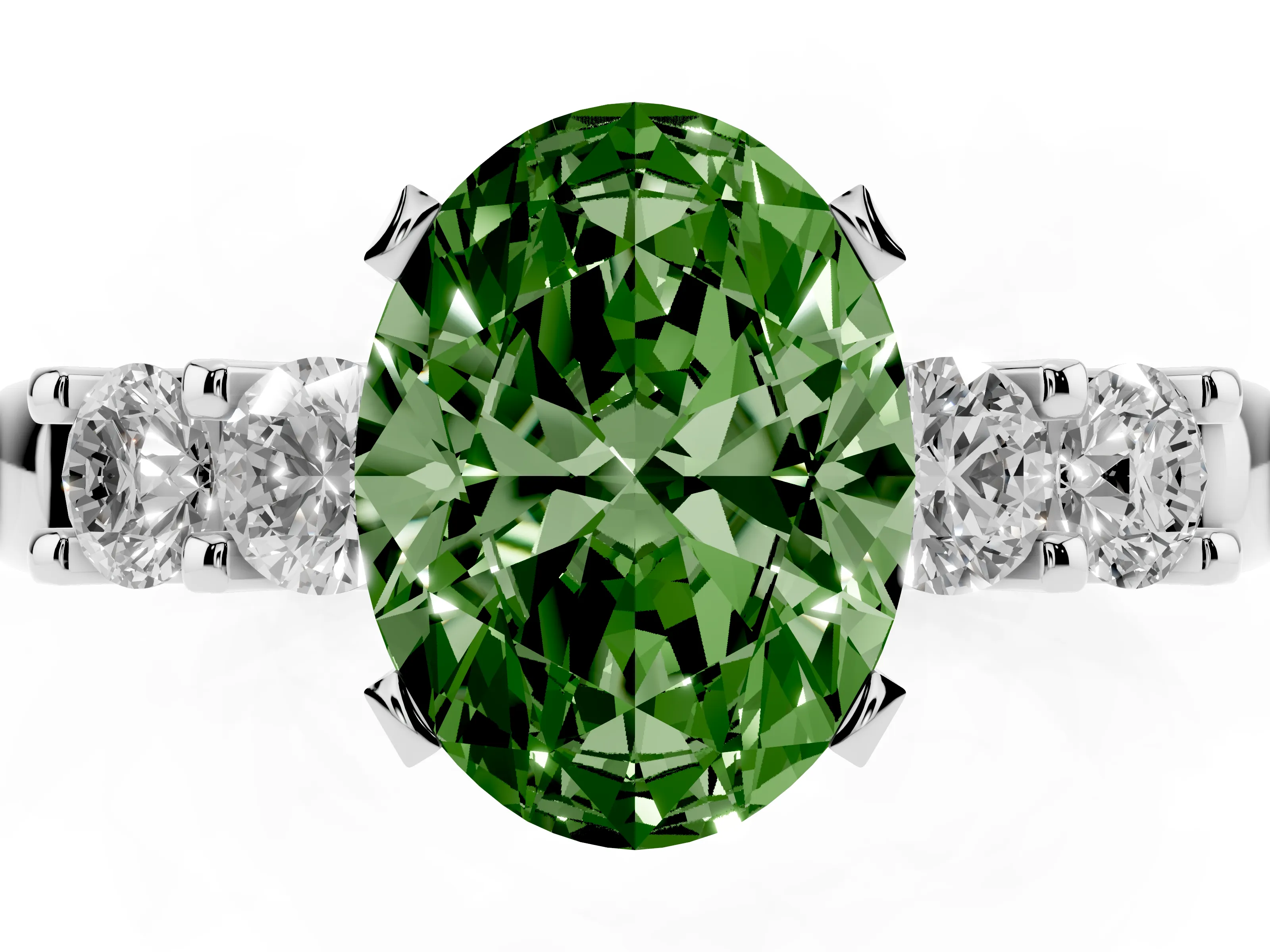 Fancy Green Oval Cut Diamond Five-Stone Prong Set Engagement Ring Set in Platinum with Channel Band