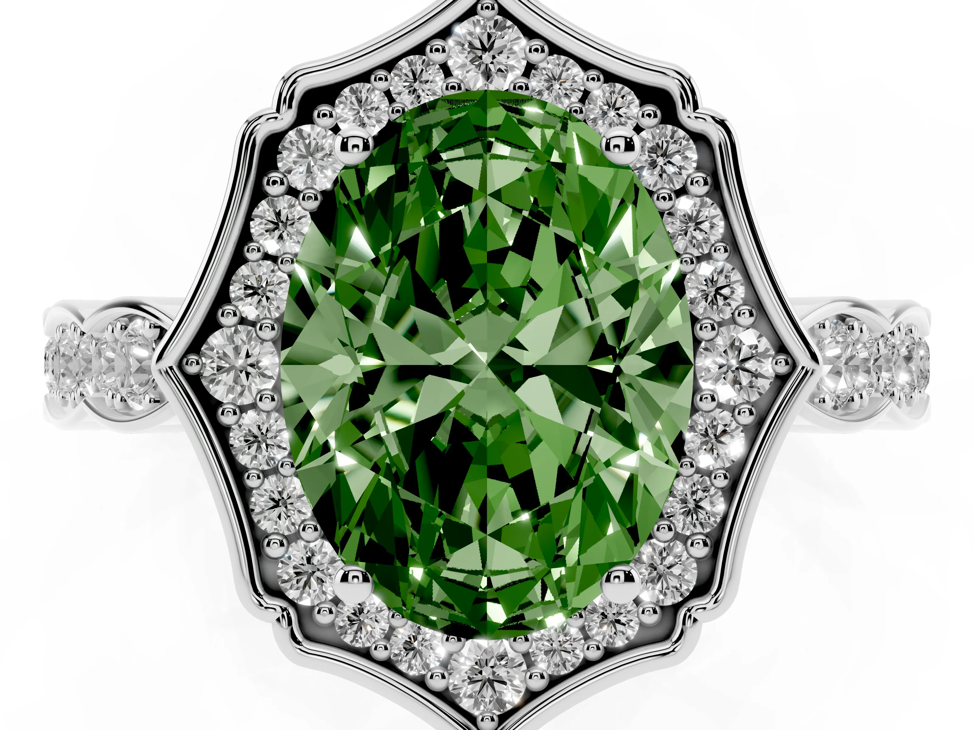 Fancy Green Oval Cut Diamond Halo Engagement Ring Set in White gold with Milgrain Band and Prong Setting