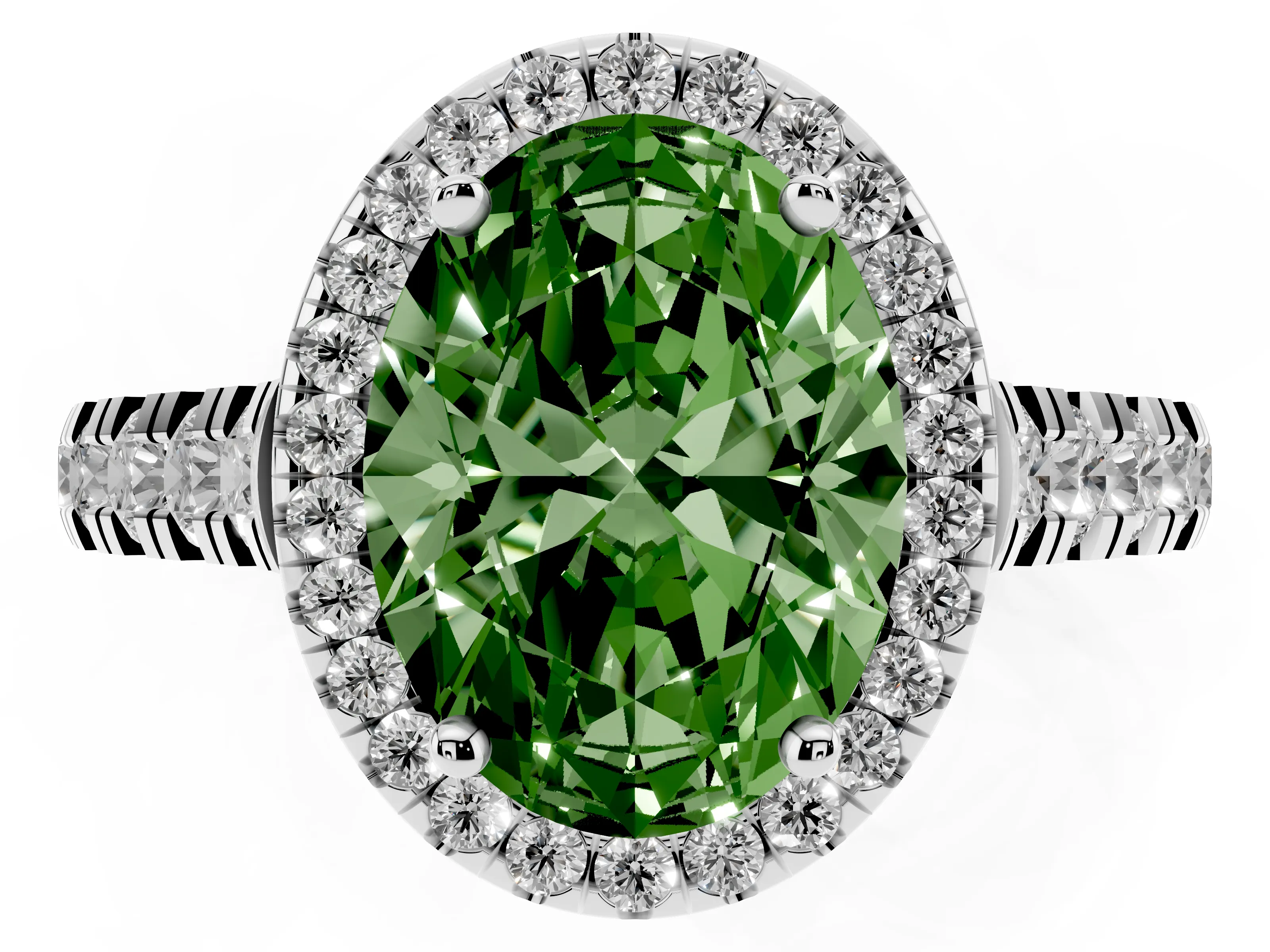 Fancy Green Oval Cut Diamond Halo Engagement Ring Set in White gold with Pavé Band and Prong-Set Center