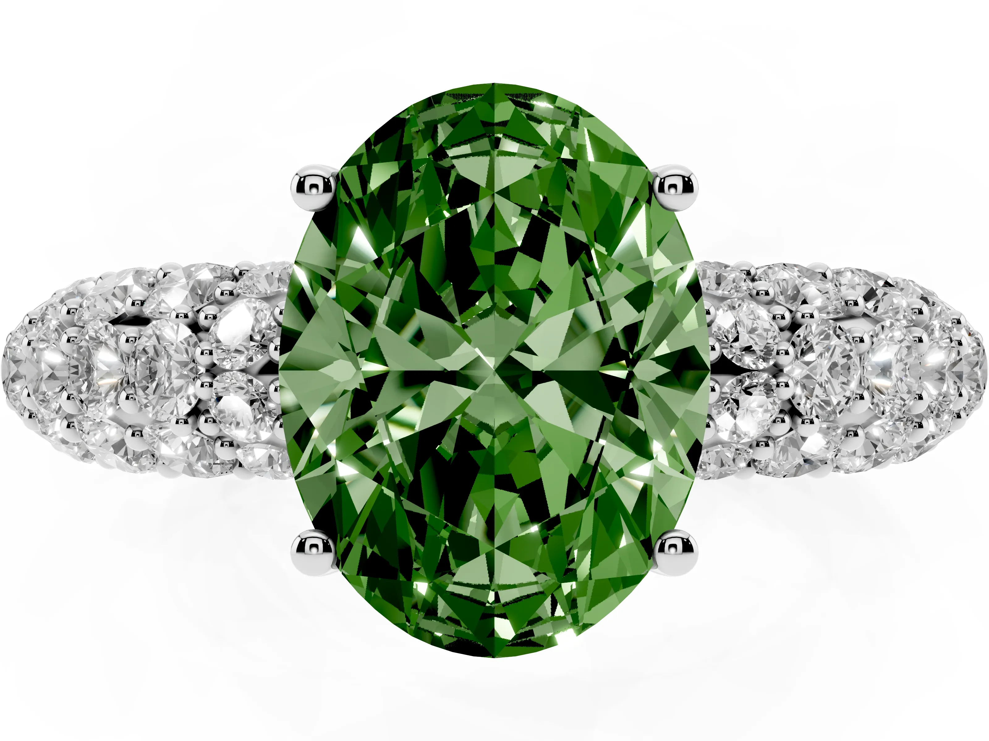 Fancy Green Oval Cut Diamond Pavé Band Solitaire Ring Set in White gold with Close-Set Accent Stones and Prong Setting