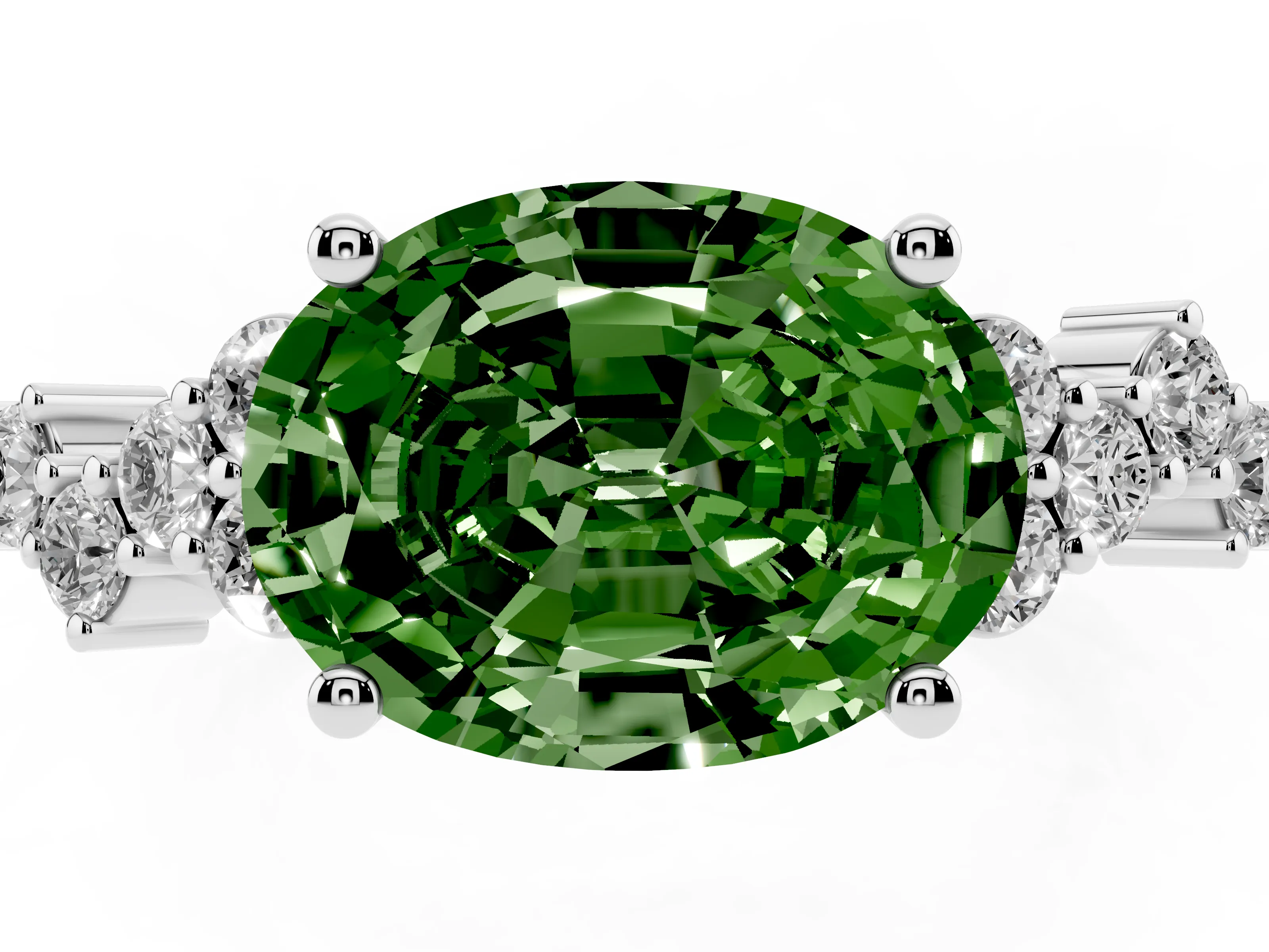 Fancy Green Oval Cut Diamond Ring Set in Silver with Scattered Round Accents