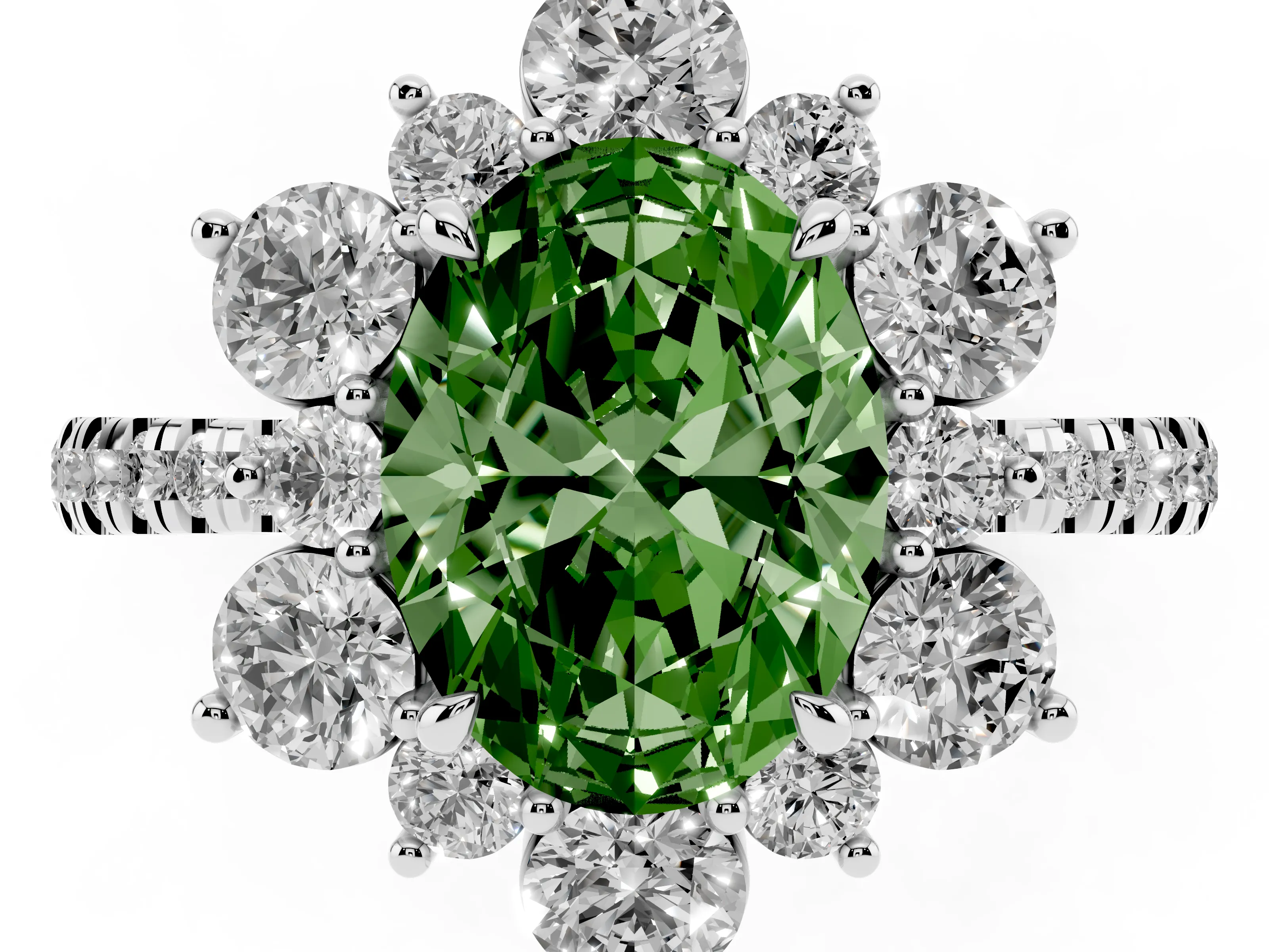 Fancy Green Oval Cut Diamond Floral Halo Ring Set in White gold with Round Pavé Band and Prong Setting