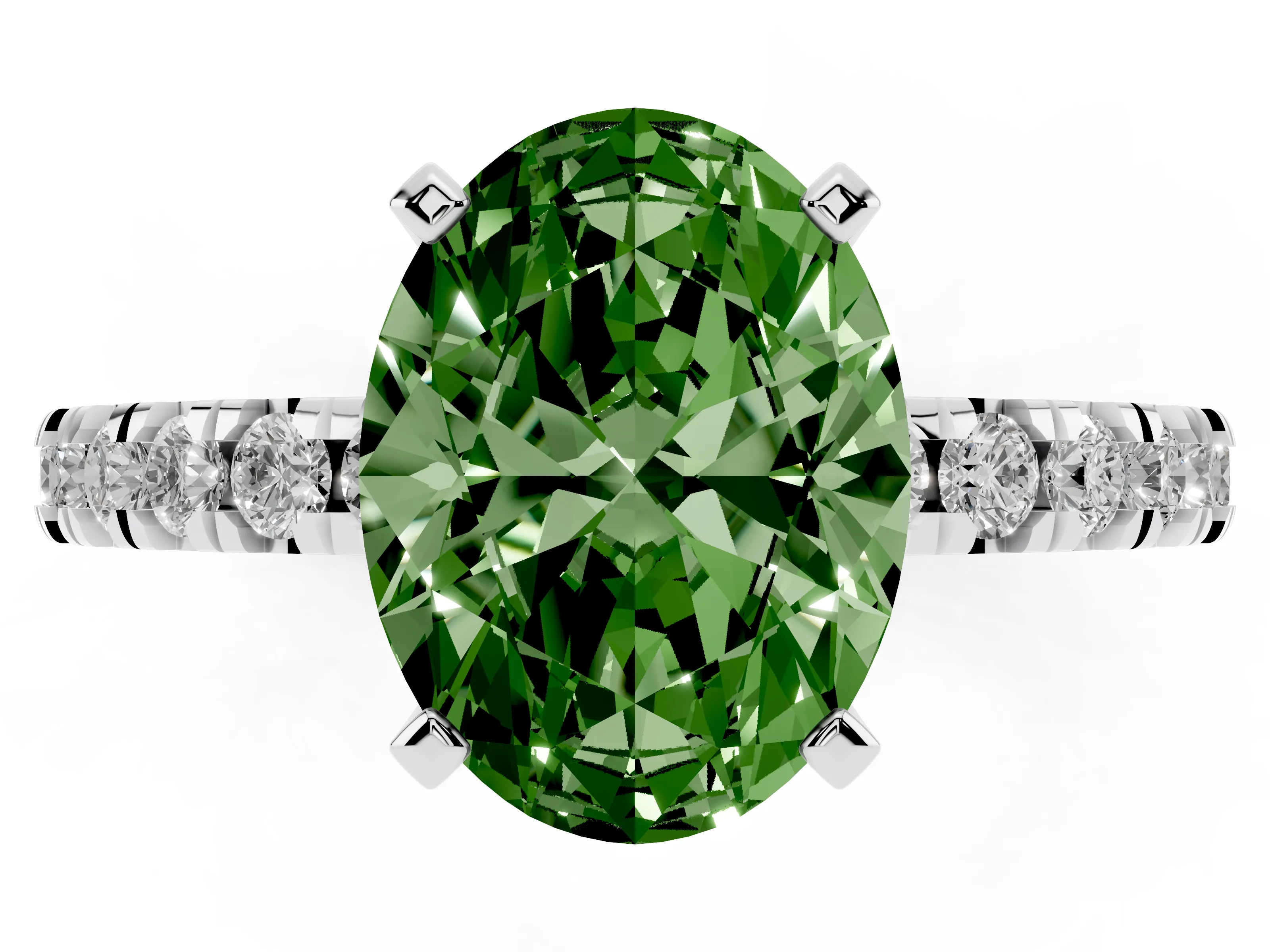 Fancy Green Oval Cut Diamond Pavé Band Solitaire Set in White gold with Prong Setting