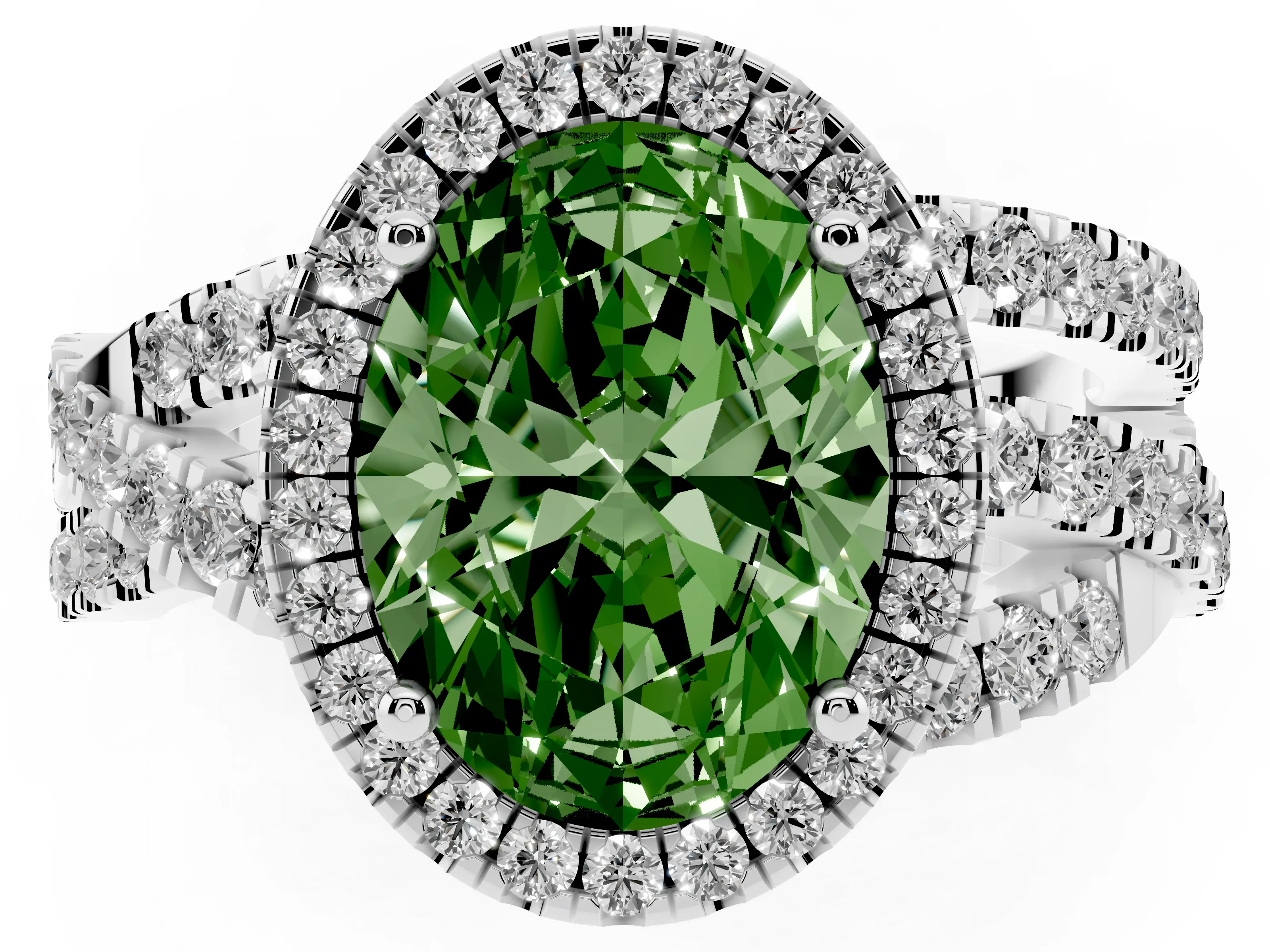 Fancy Green Oval Cut Diamond Halo Ring Set in Platinum with Round Crossover Split Shank and Prong Setting