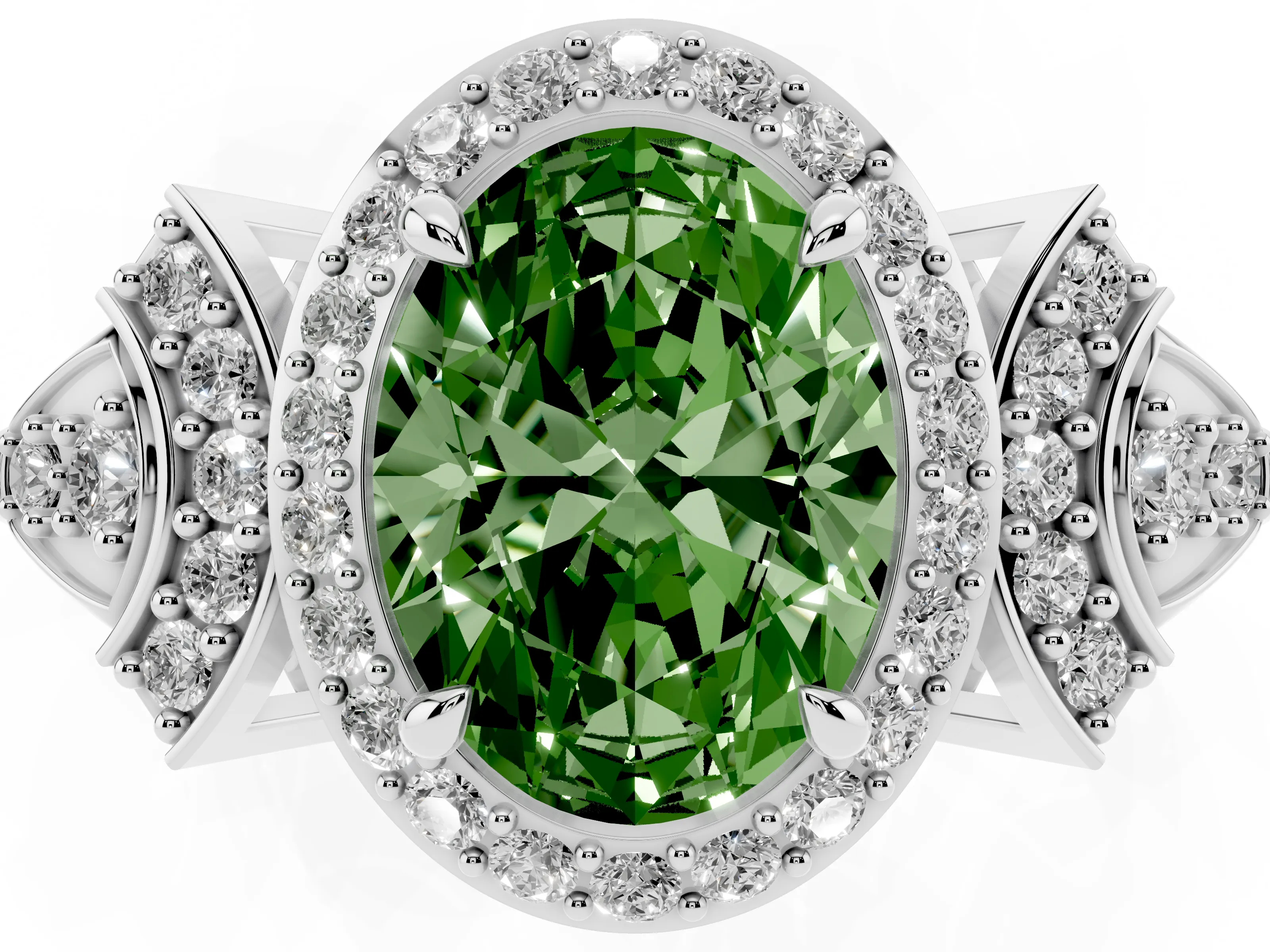 Fancy Green Oval Cut Diamond Halo Engagement Ring Set in Platinum with Accent Stone Split Shank