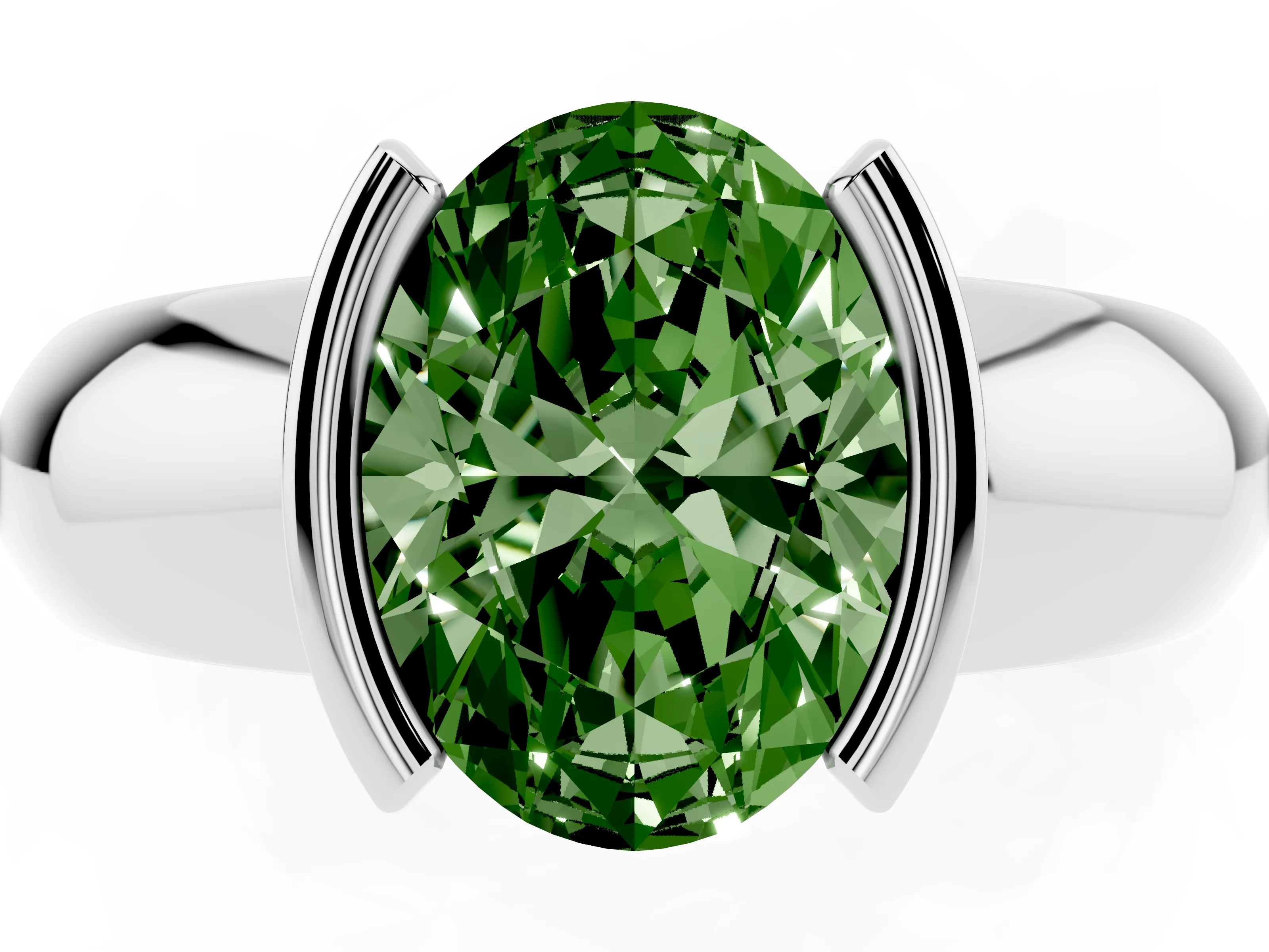 Fancy Green Oval Cut Diamond Solitaire Tension Set Ring Set in Silver with Wide Band
