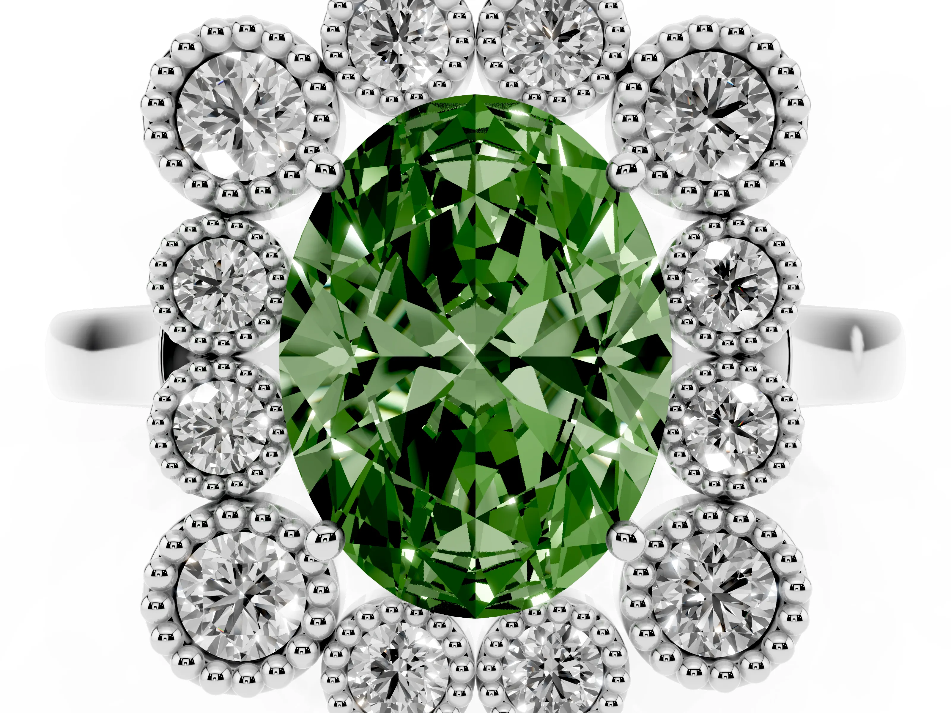 Fancy Green Oval Cut Diamond Cluster Halo Ring Set in White gold with Milgrain Bezel Accents and Plain Band