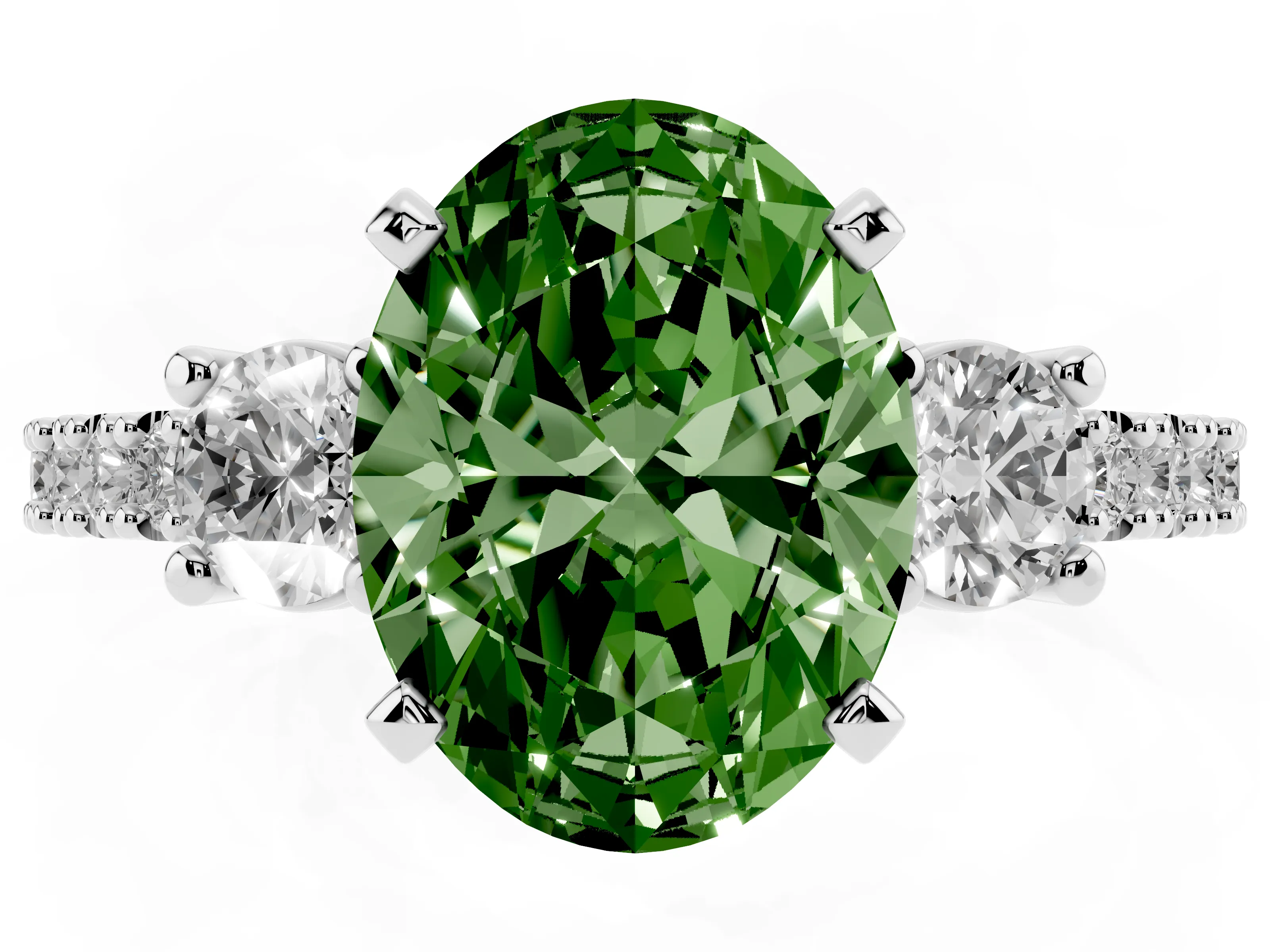 Fancy Green Three-Stone Oval Cut Diamond Pavé Band Ring Set in Silver with Prong Setting