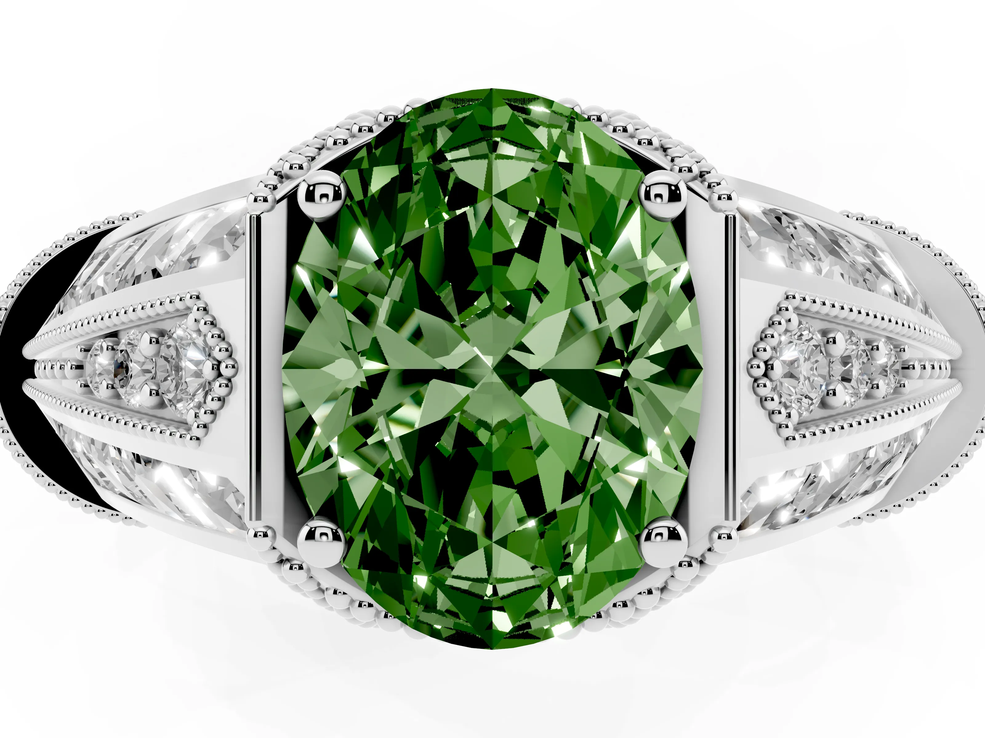 Fancy Green Oval Cut Diamond Vintage-Inspired Milgrain Ring Set in Silver with Accent Split Shank