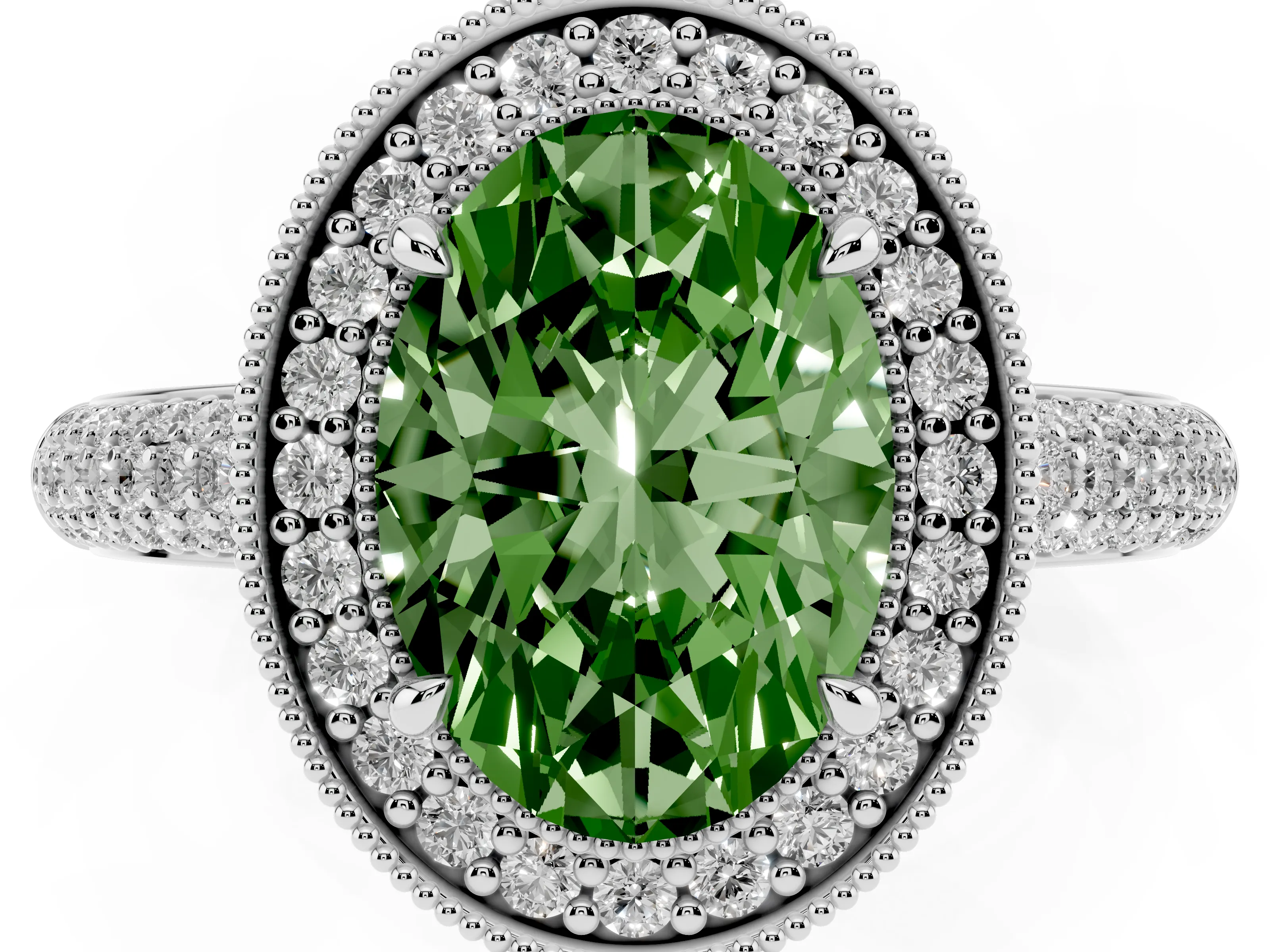 Fancy Green Oval Cut Diamond Halo Pavé Band Set in Platinum with Prong Setting