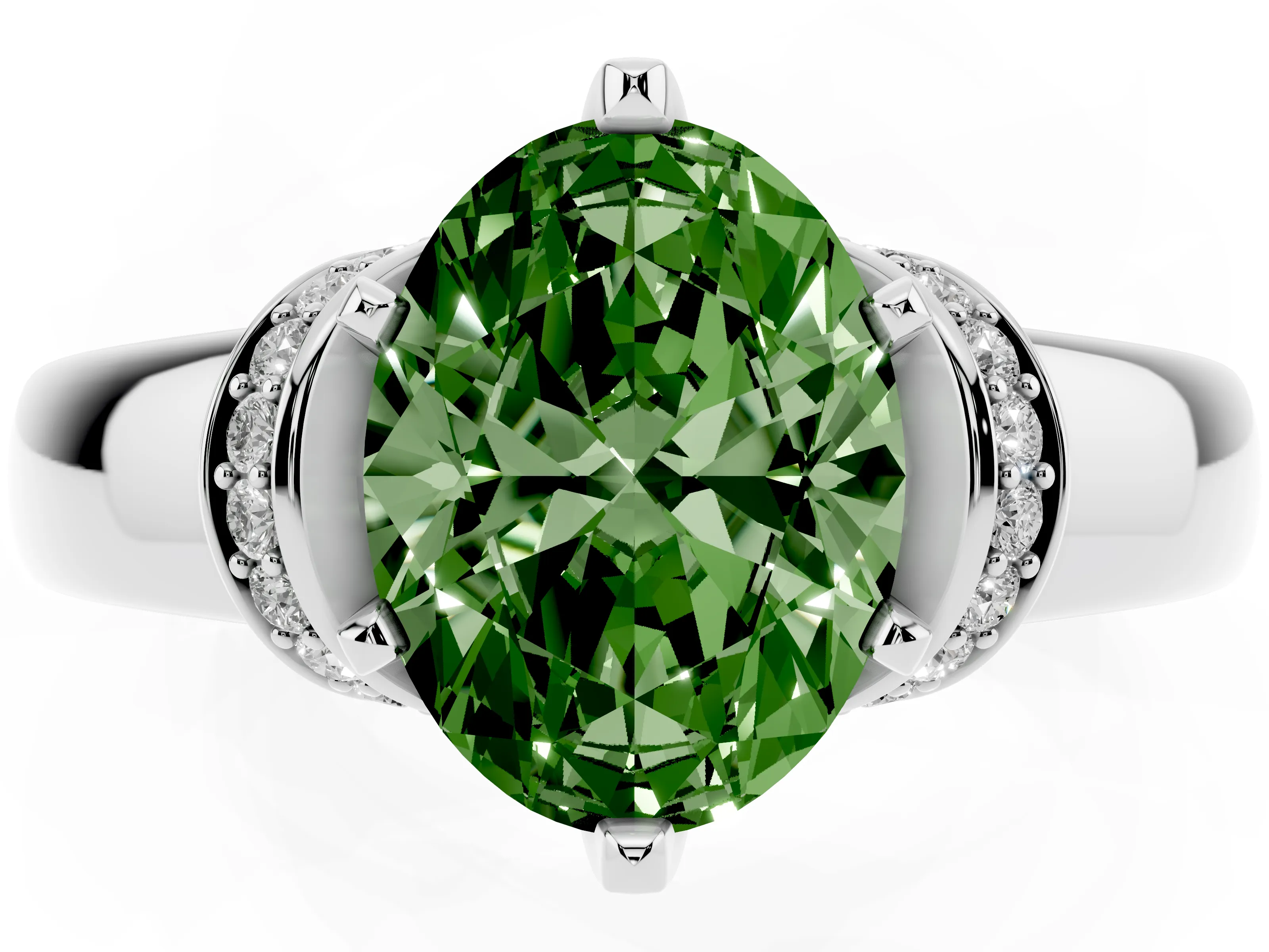 Fancy Green Oval Cut Diamond Pavé Band Solitaire Ring Set in Silver with Prong Setting