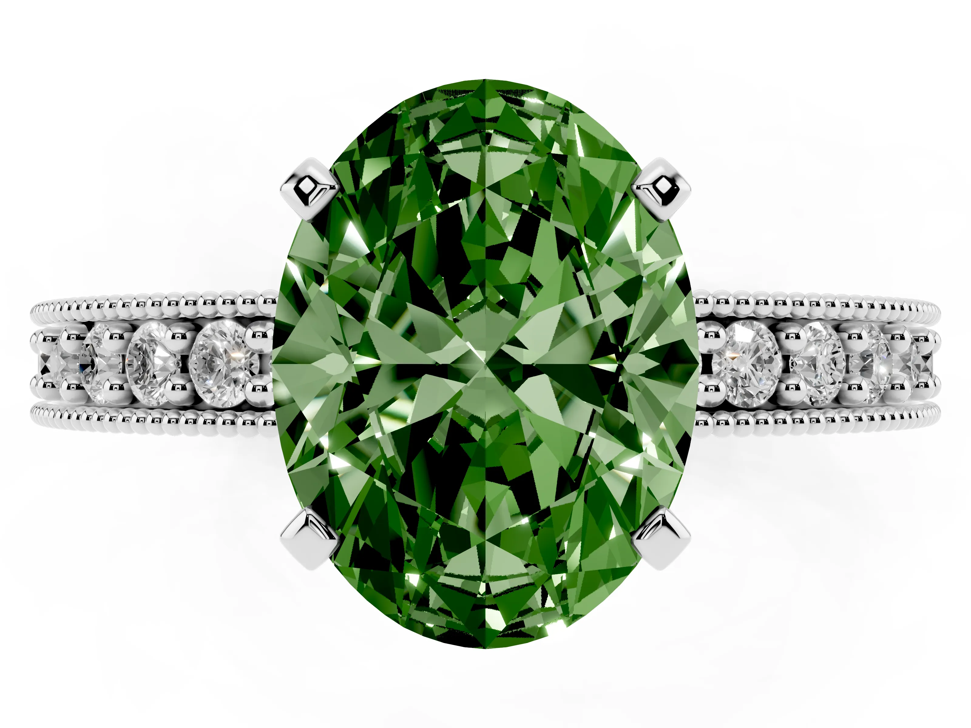 Fancy Green Oval Cut Diamond Milgrain Pavé Engagement Ring Set in Platinum with Prong Setting