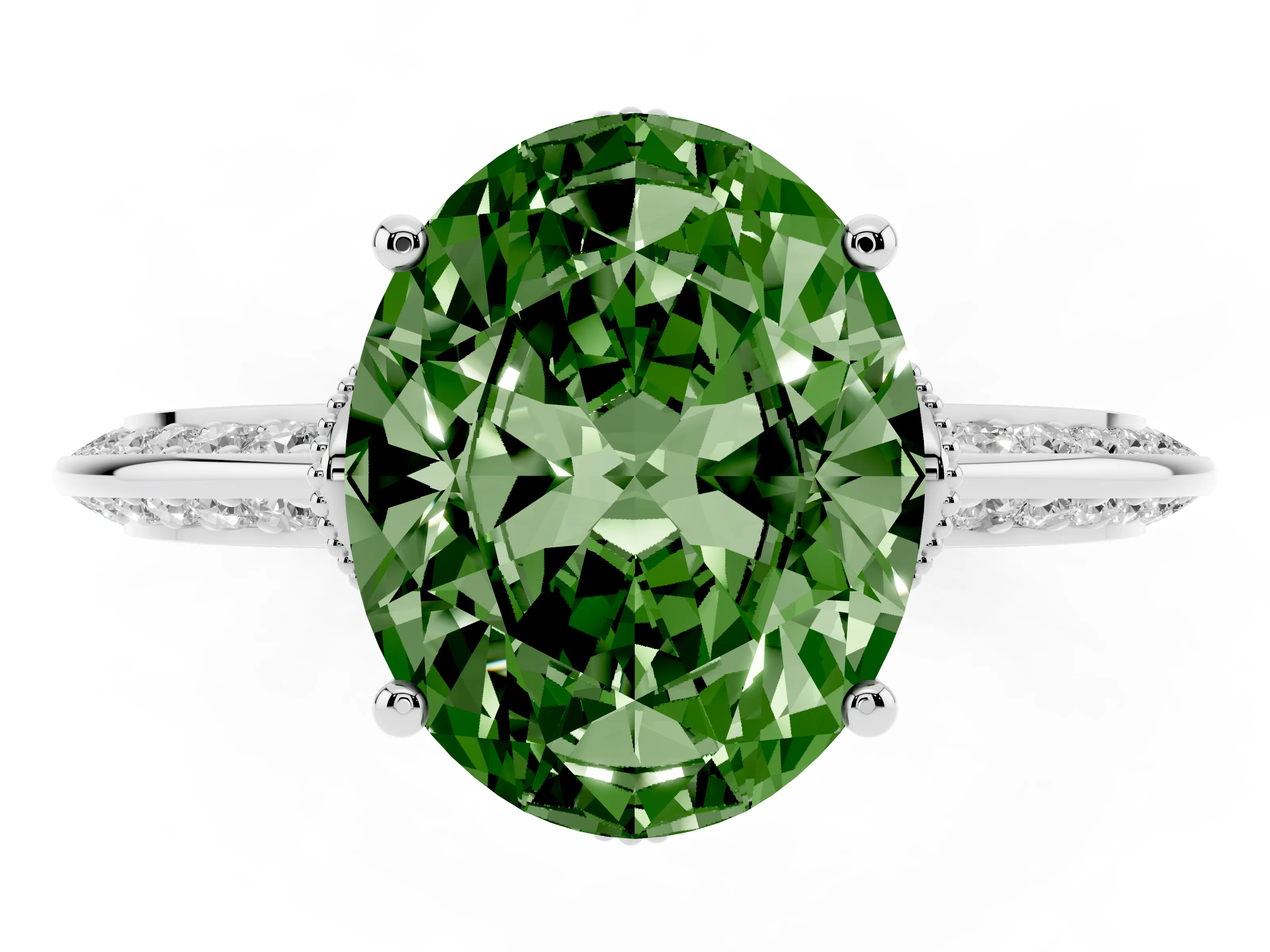 Fancy Green Oval Cut Diamond Solitaire Engagement Ring Set in Silver with Pavé Split Shank and Prong Setting