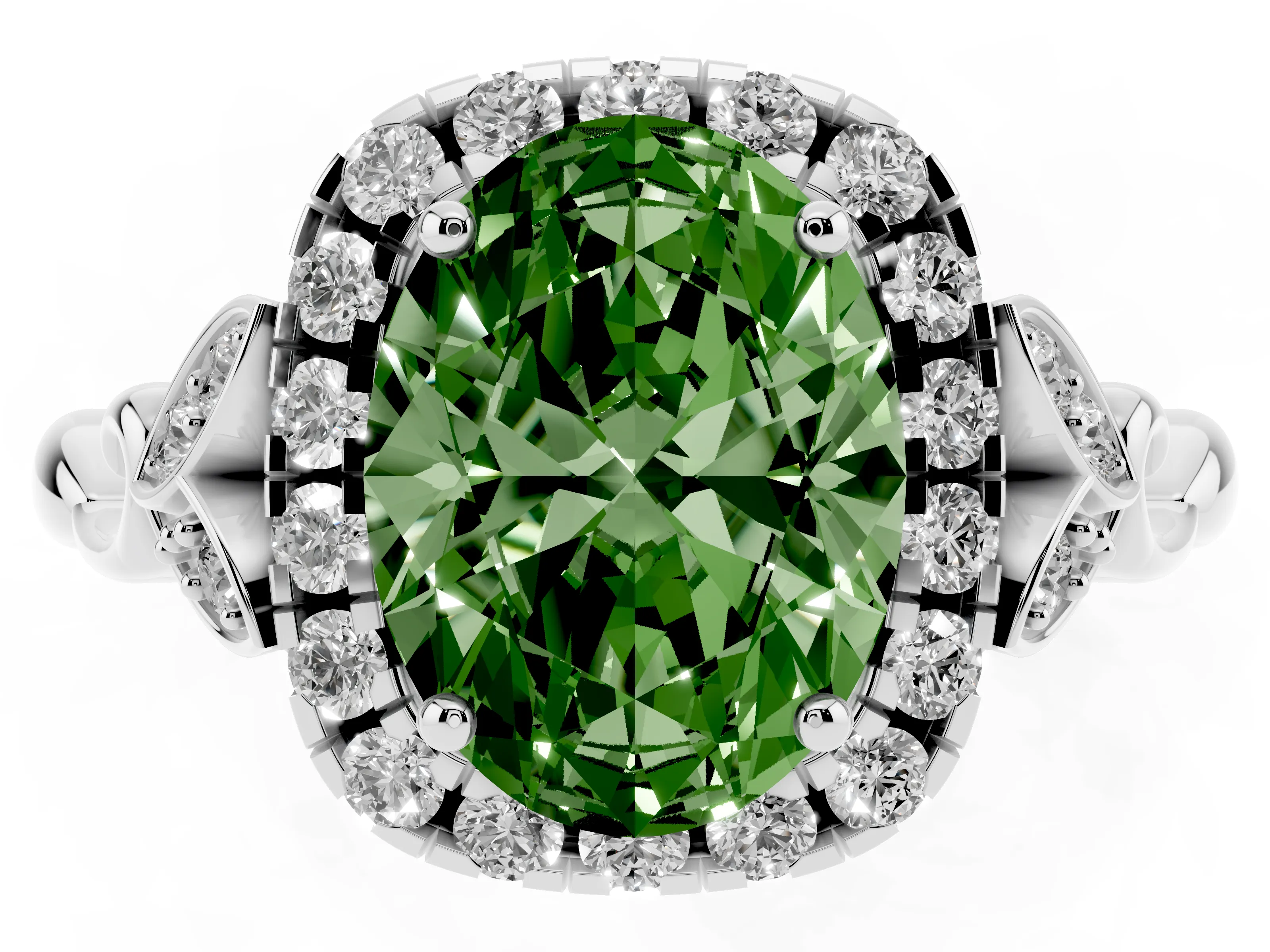 Fancy Green Oval Cut Diamond Halo Engagement Ring Set in Platinum with Vintage-Inspired Band and Prong Setting