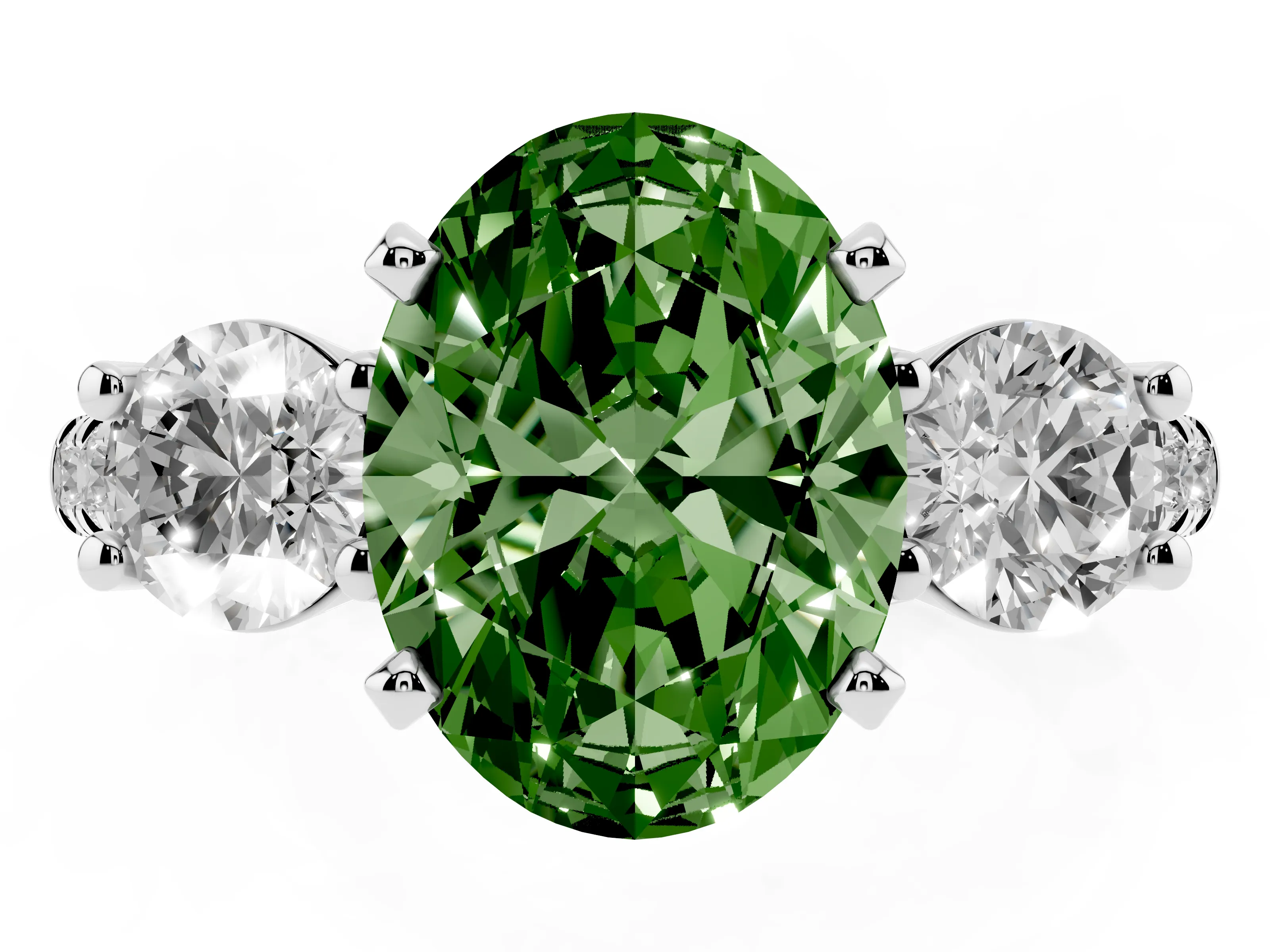 Fancy Green Three-Stone Oval Cut Diamond Pavé Band Ring Set in Silver with Prong-Set Trio