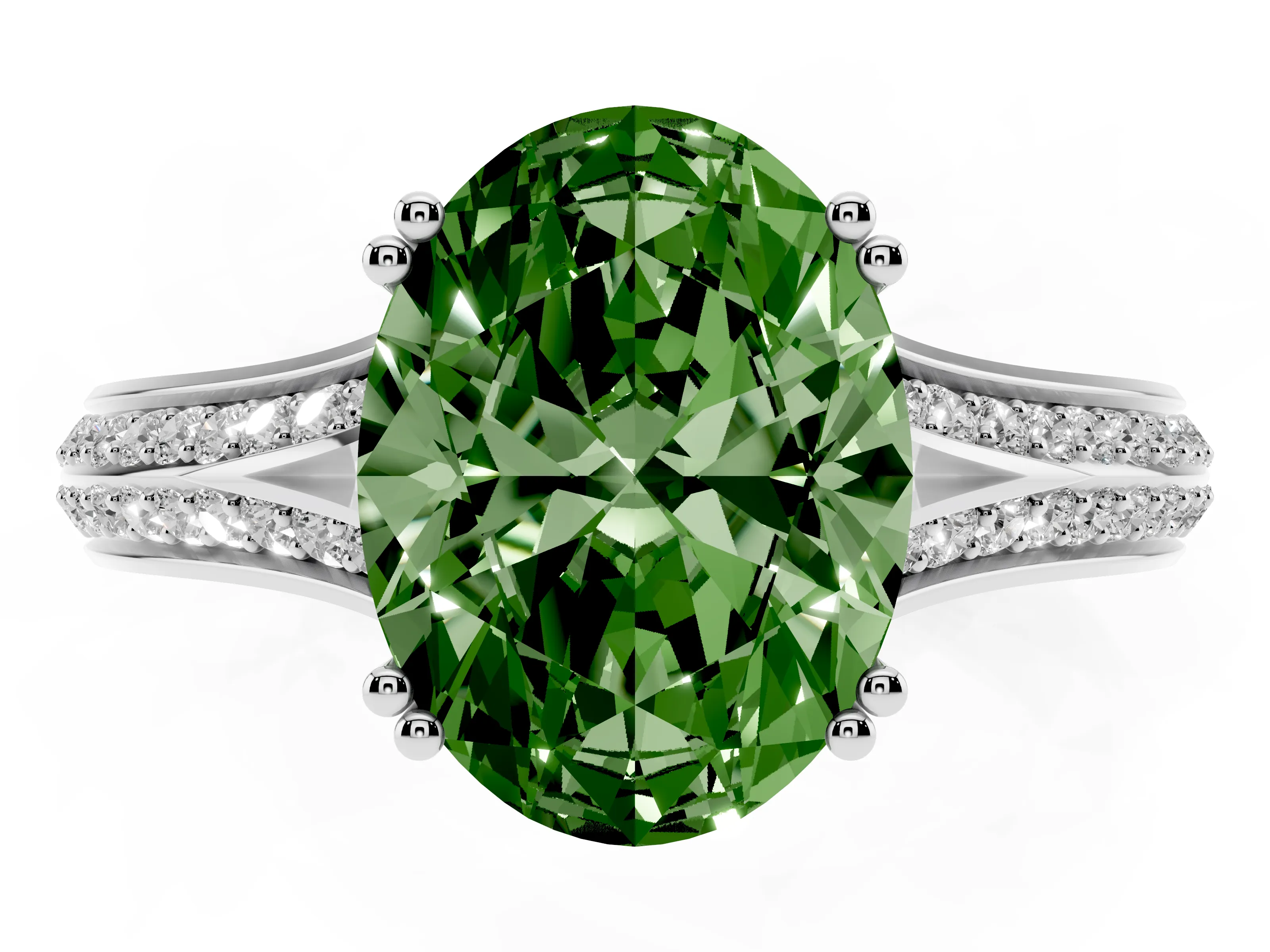 Fancy Green Oval Cut Diamond Split Shank Pavé Engagement Ring Set in Silver with Prong-Set Center Stone