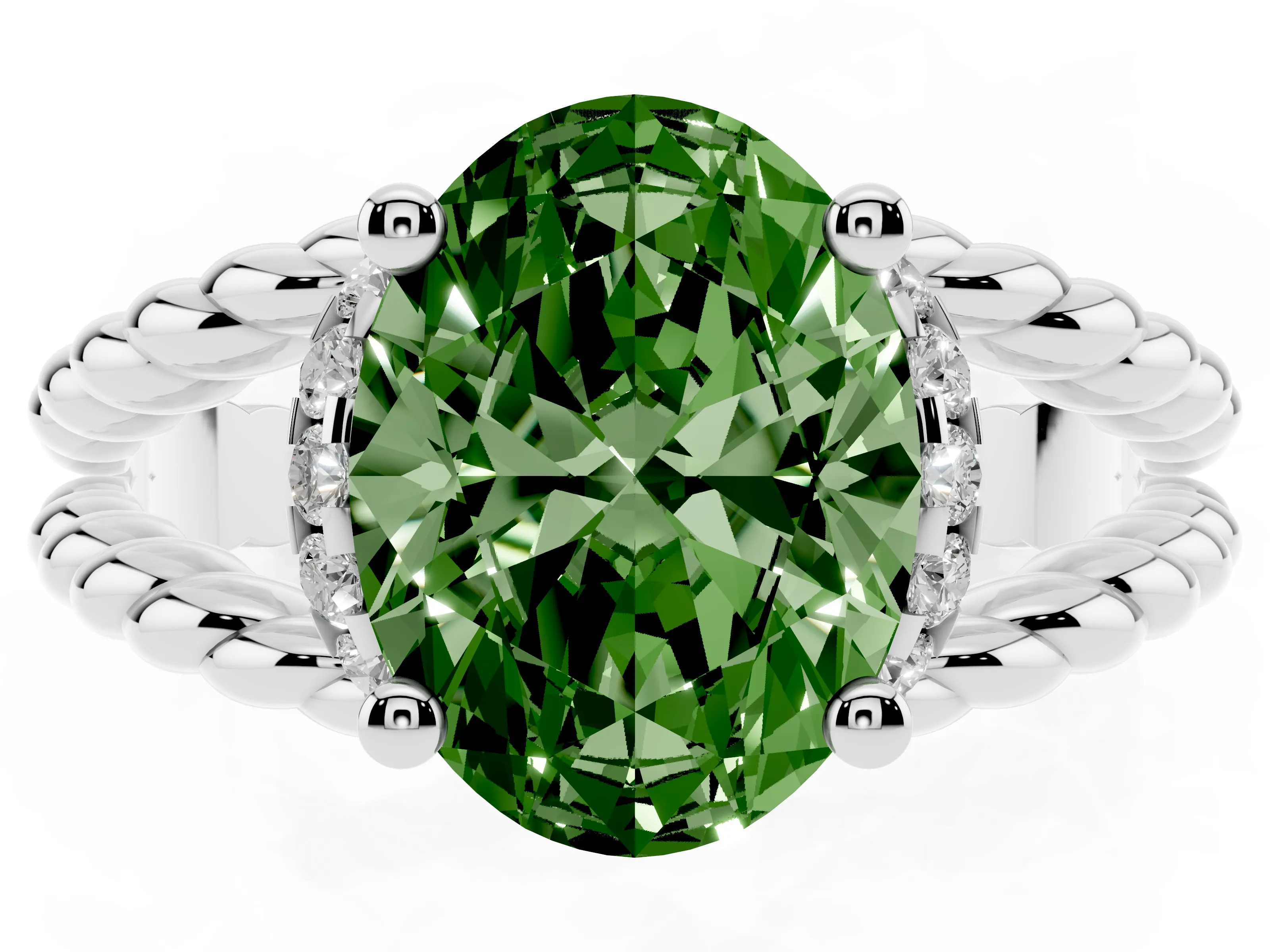 Fancy Green Oval Cut Diamond Halo Ring Set in Platinum with Twisted Band and Prong Setting