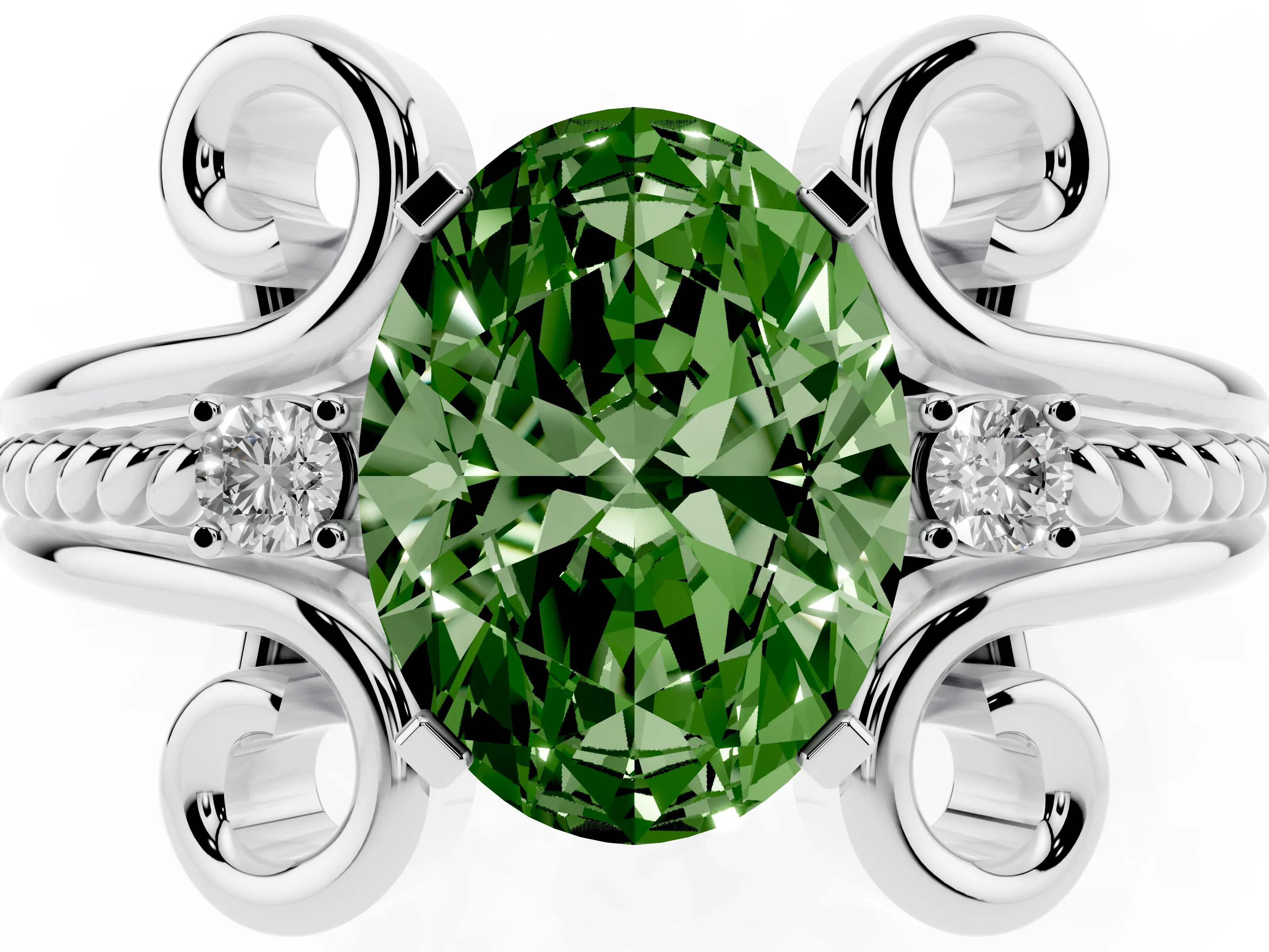 Fancy Green Oval Cut Diamond Twisted Band Solitaire Ring Set in Platinum with Scroll Prongs
