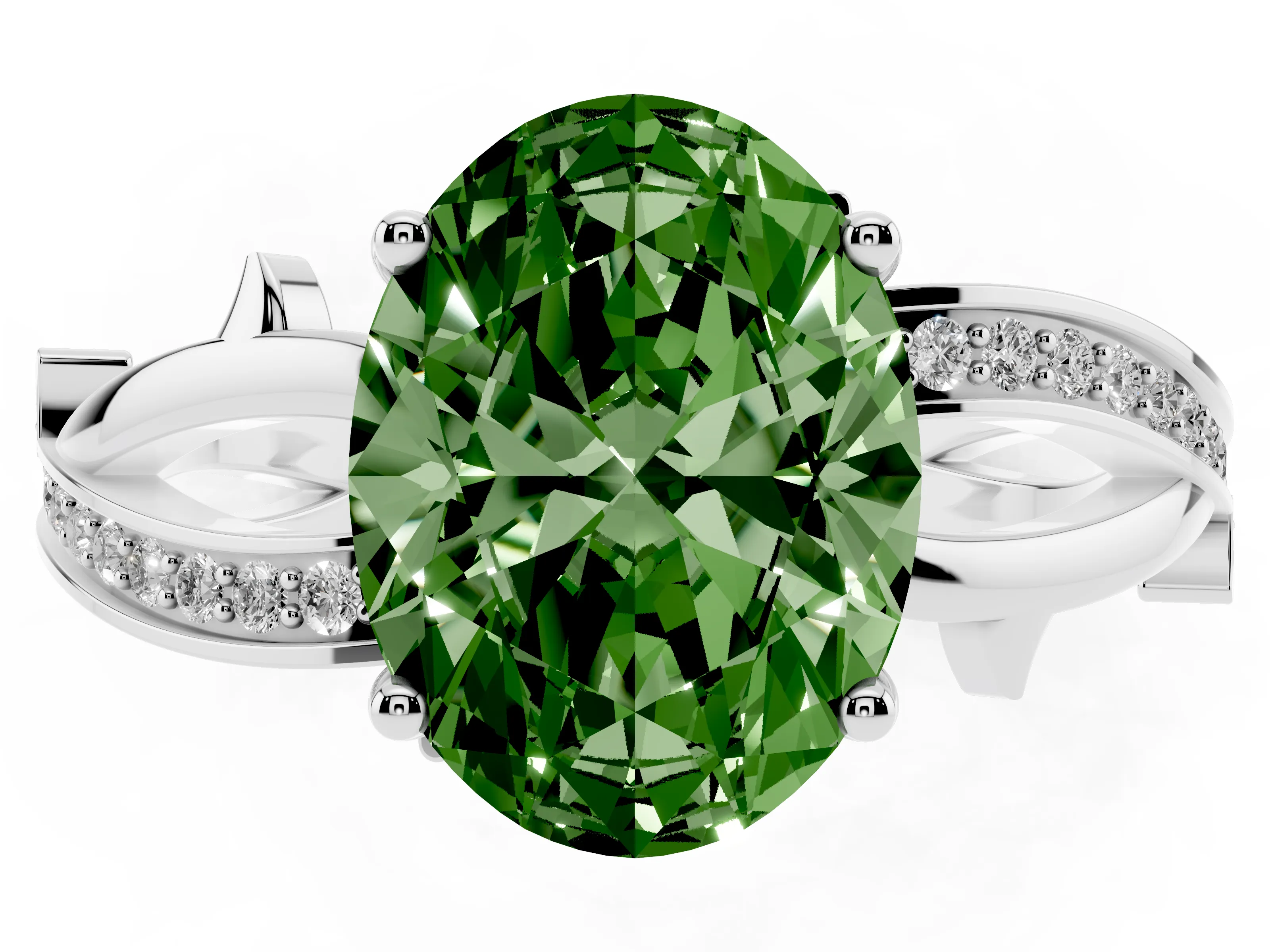 Fancy Green Oval Cut Diamond Pavé Twist Band Solitaire Ring Set in Platinum with Prong Setting