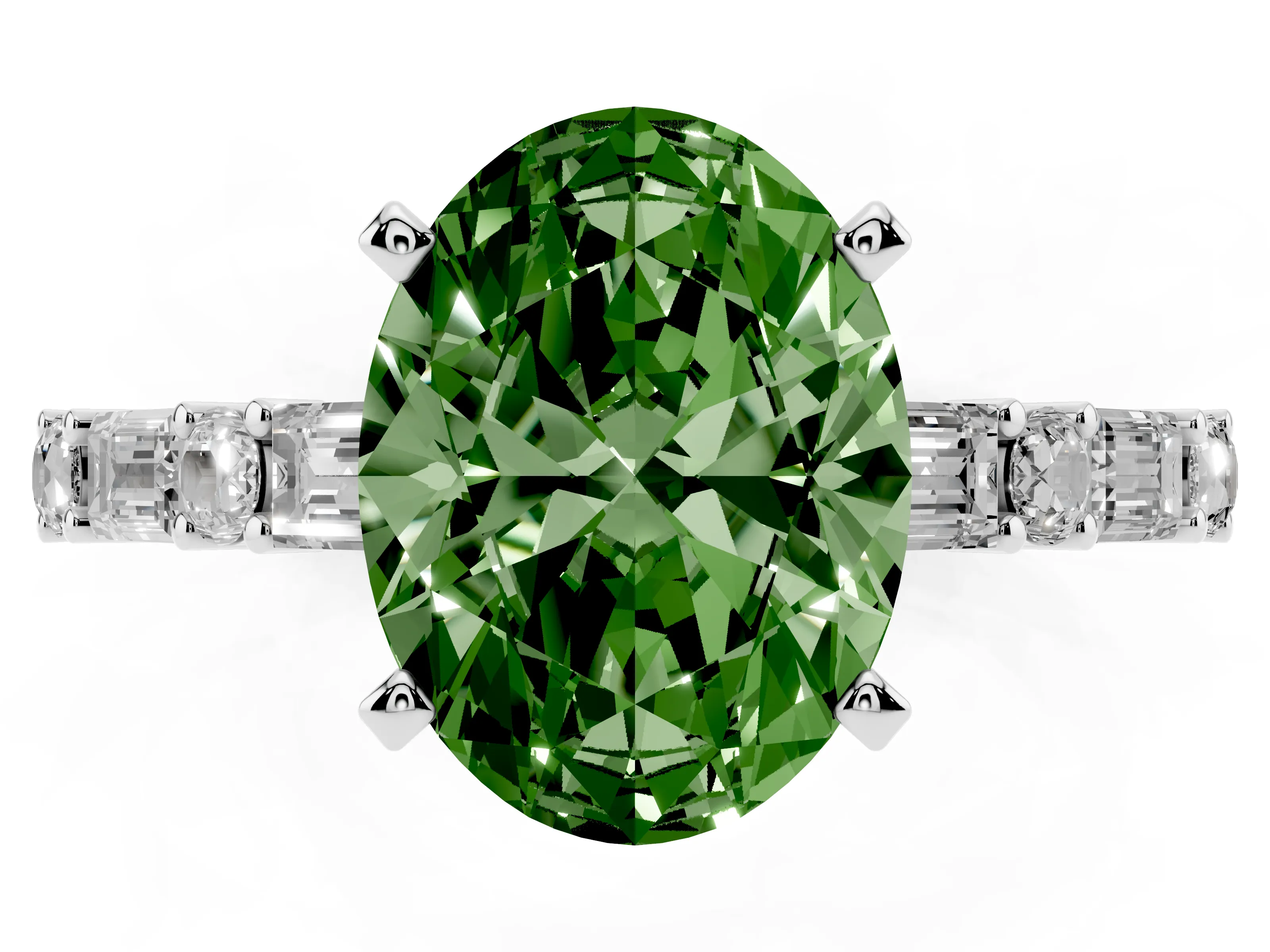 Fancy Green Oval Cut Diamond Solitaire Set in Silver with Side Baguettes and Channel Set Band