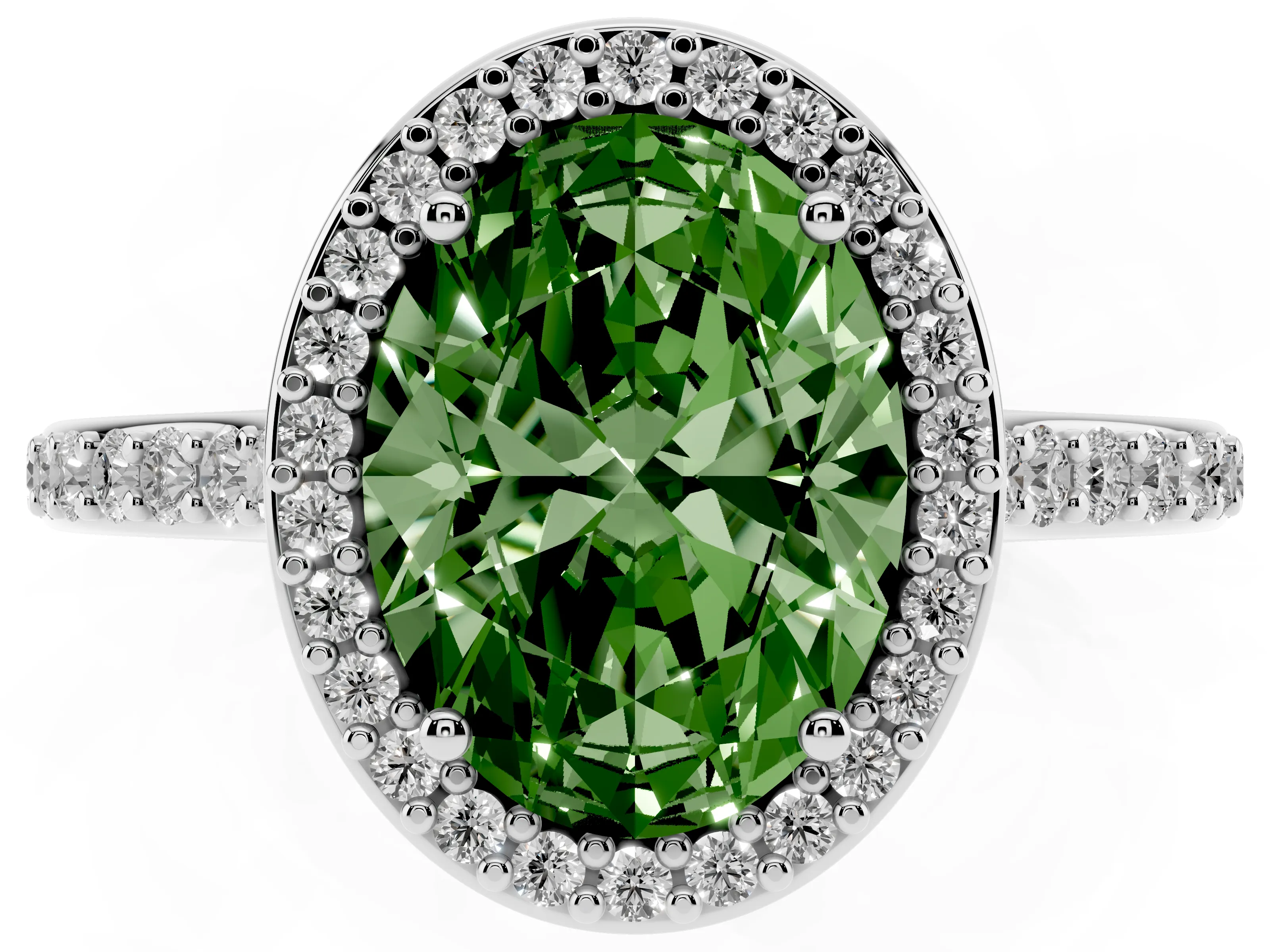 Fancy Green Oval Cut Diamond Halo Engagement Ring Set in White gold with Round Pavé Shoulders and Heart Gallery