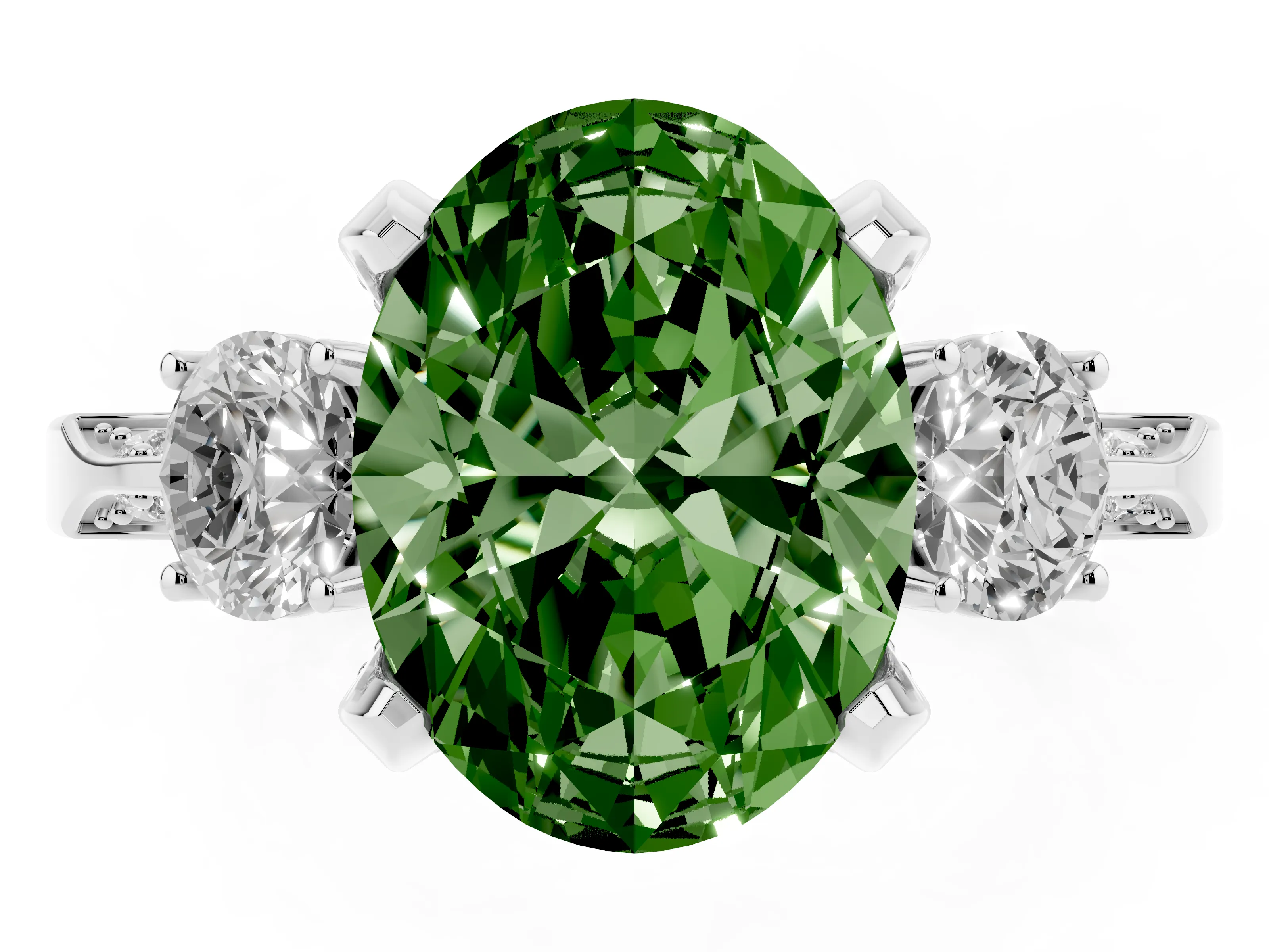Fancy Green Oval Cut Diamond Three-Stone Ring Set in Silver with Pavé Band and Smaller Side Stones