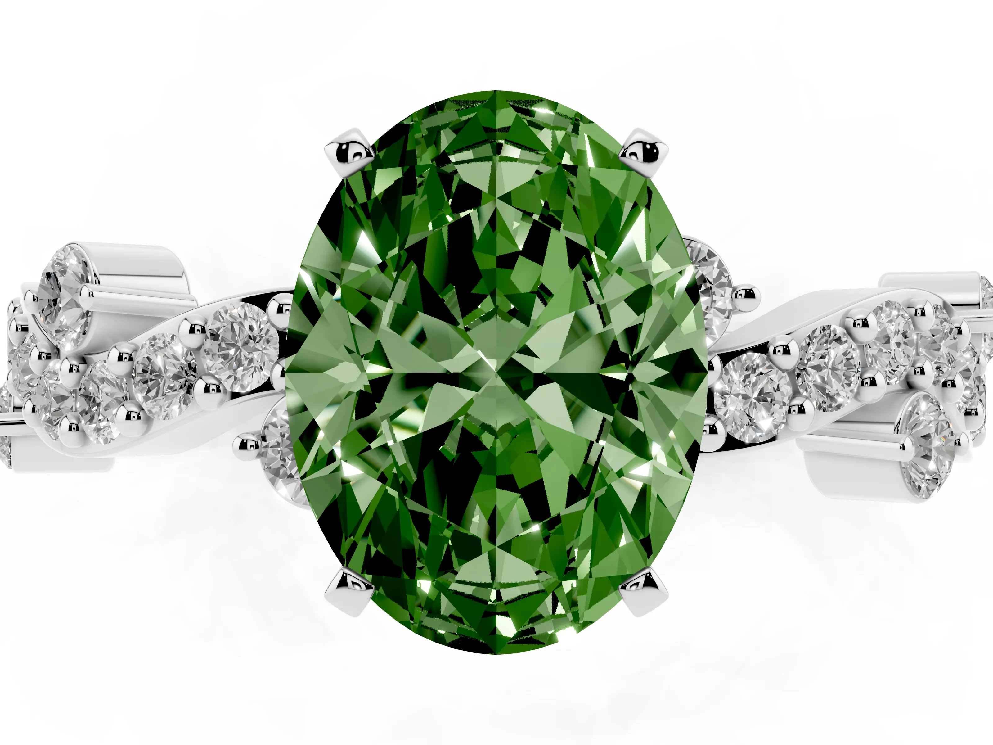 Fancy Green Oval Cut Diamond Solitaire Twisted Band Set in White gold with Pavé Setting