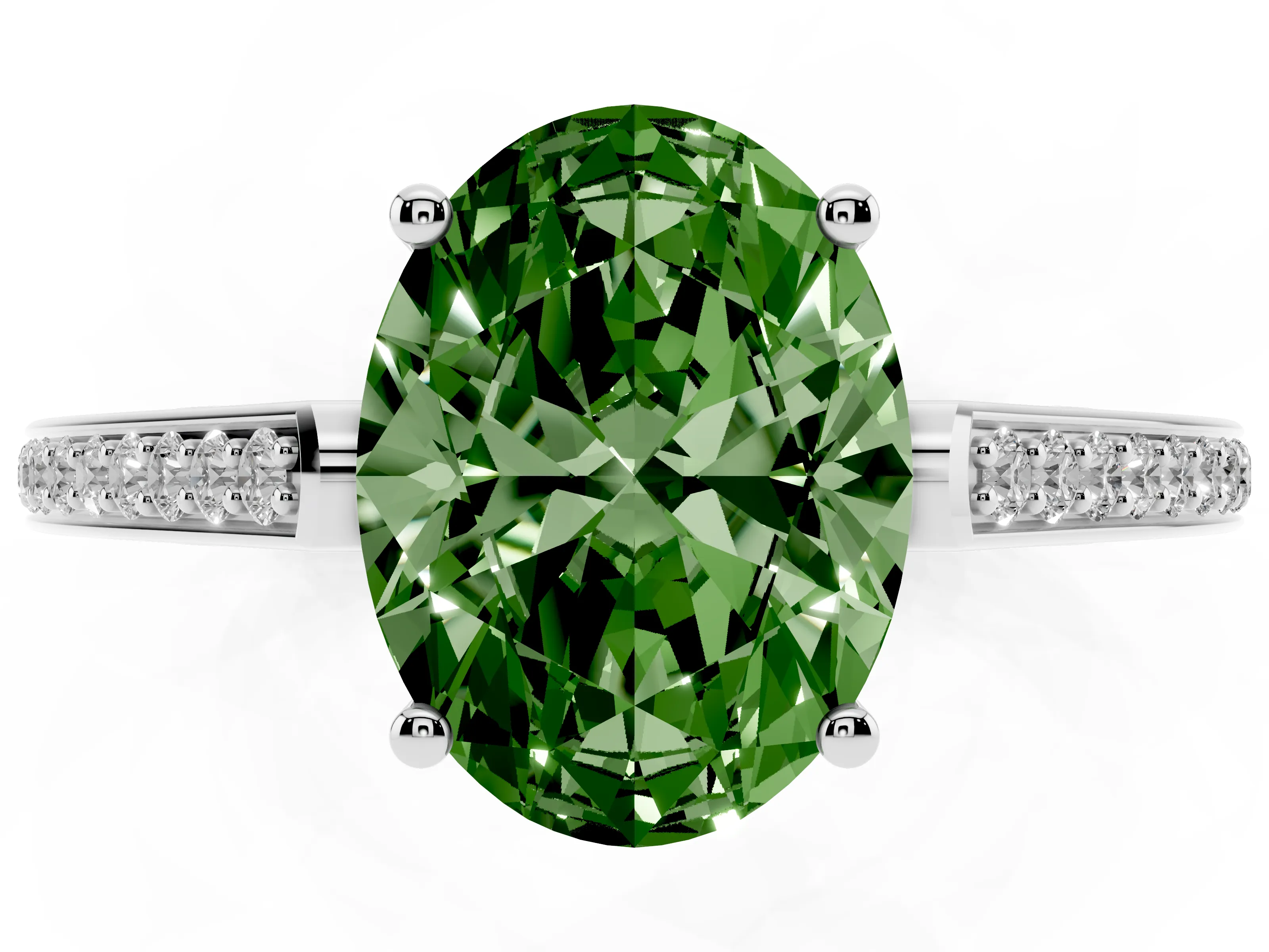 Fancy Green Oval Cut Diamond Cathedral Pavé Engagement Ring Set in Silver with Prong Setting